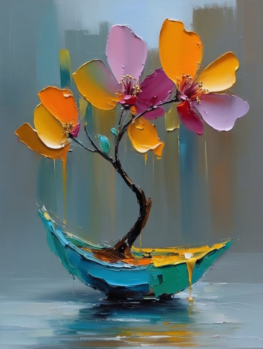 Vibrant Oil Painting of Stylized Flower Arrangement