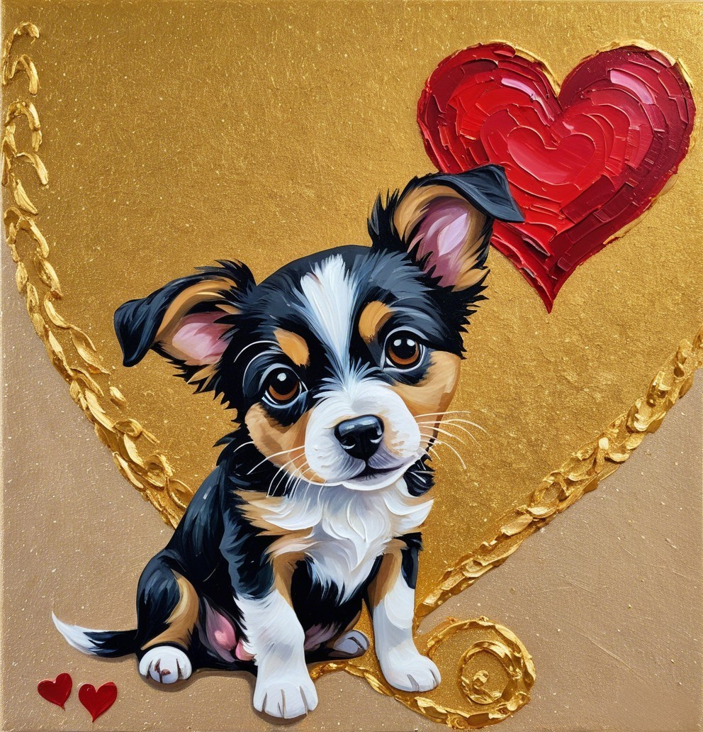 Playful puppy with heart on shimmering gold background