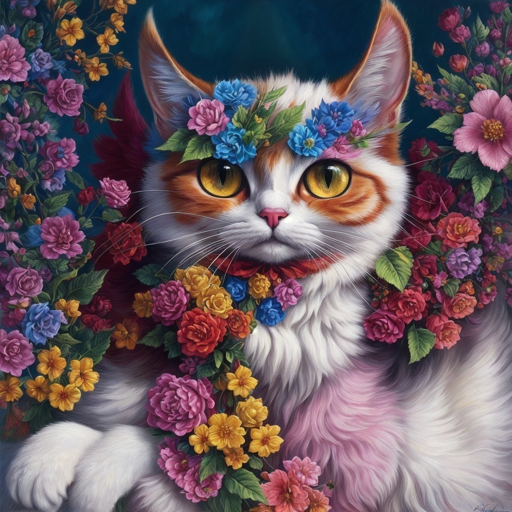 Colorful Portrait of a Fluffy Cat with Floral Crown