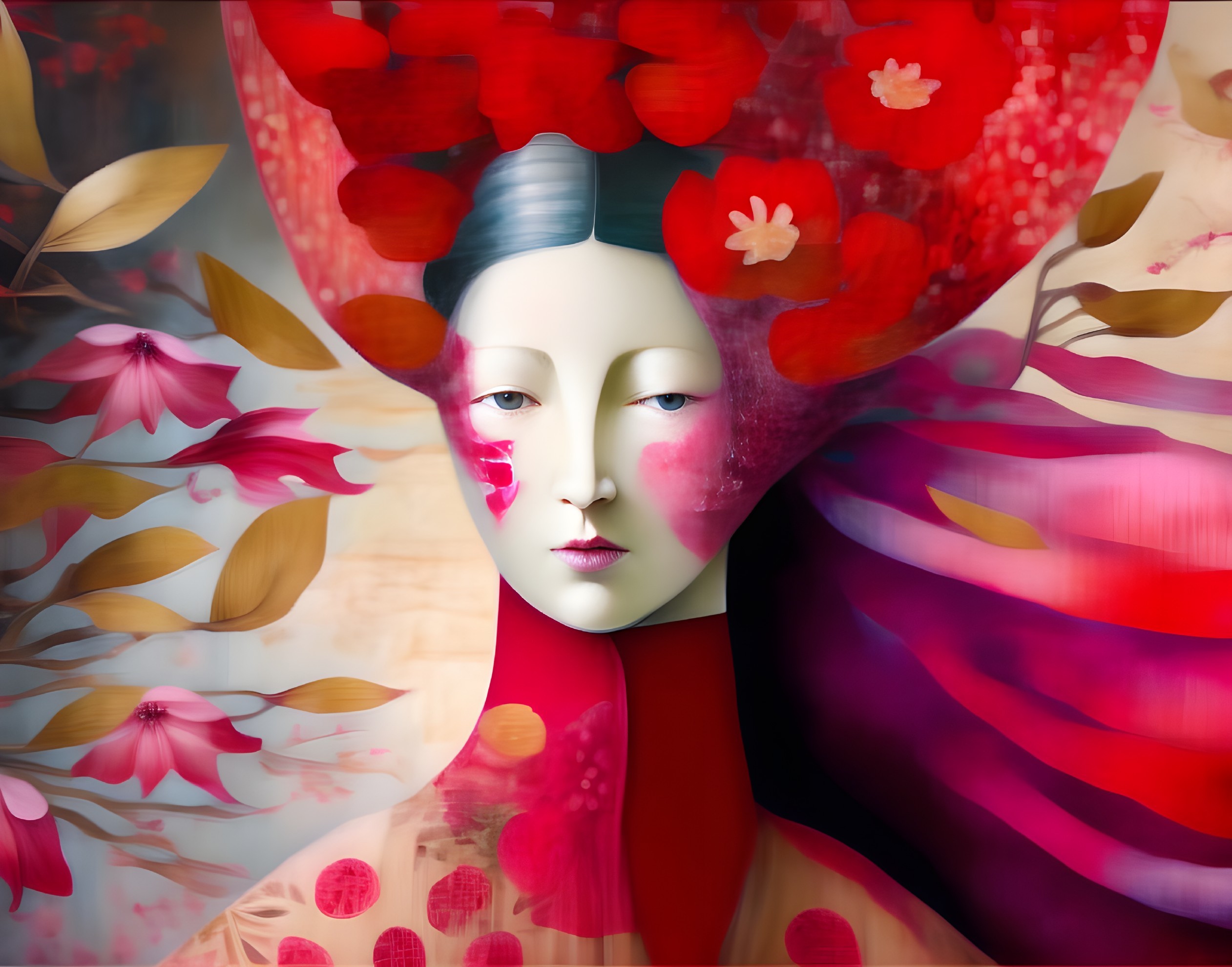 Surreal Portrait of a Woman with Red Flowers and Petals
