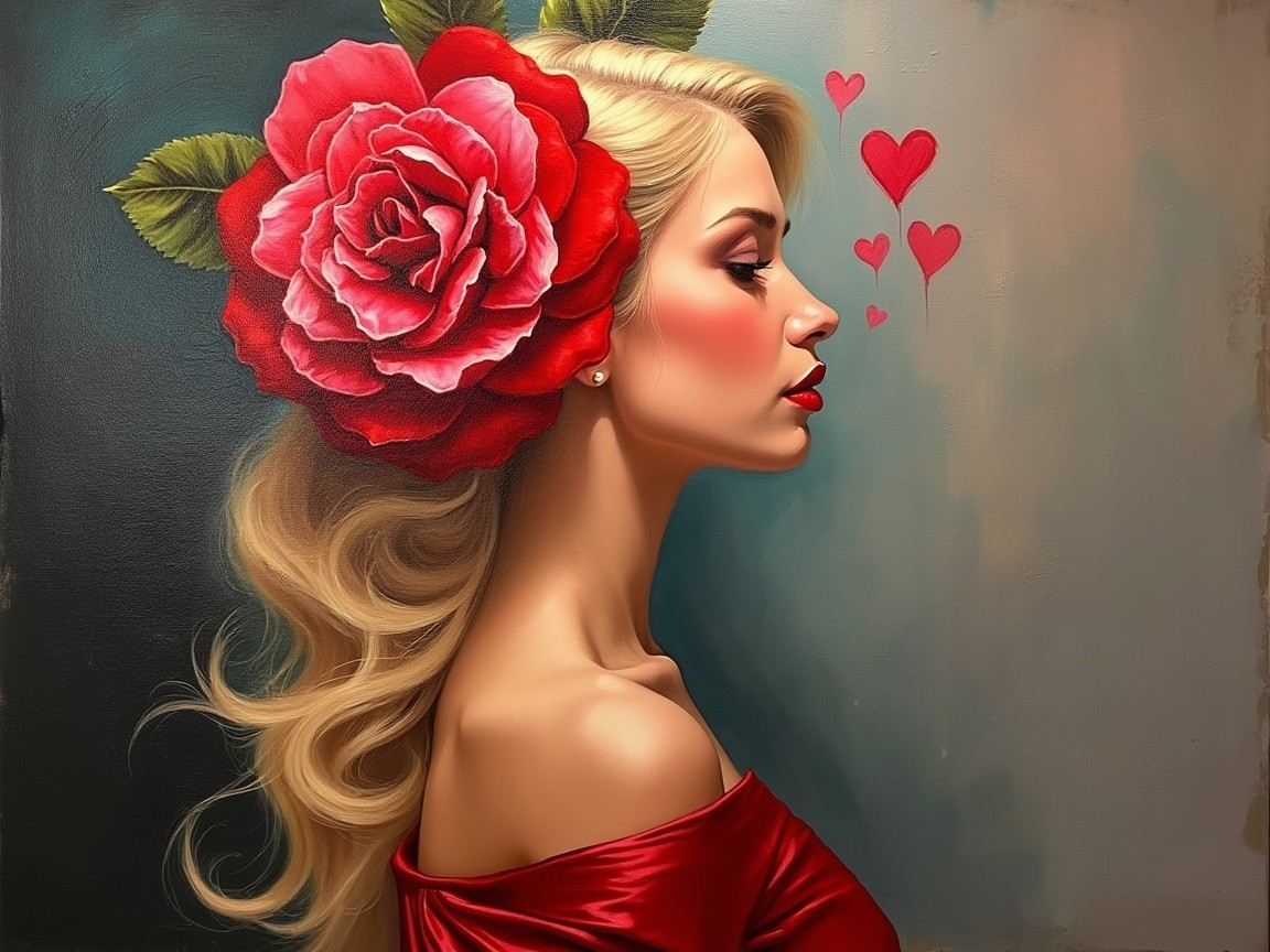 Side Profile of Woman in Red Dress with Rose