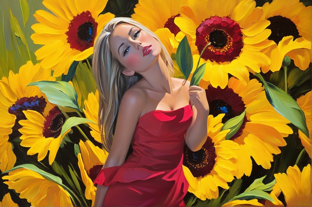 Woman in Red Dress Among Vibrant Sunflowers
