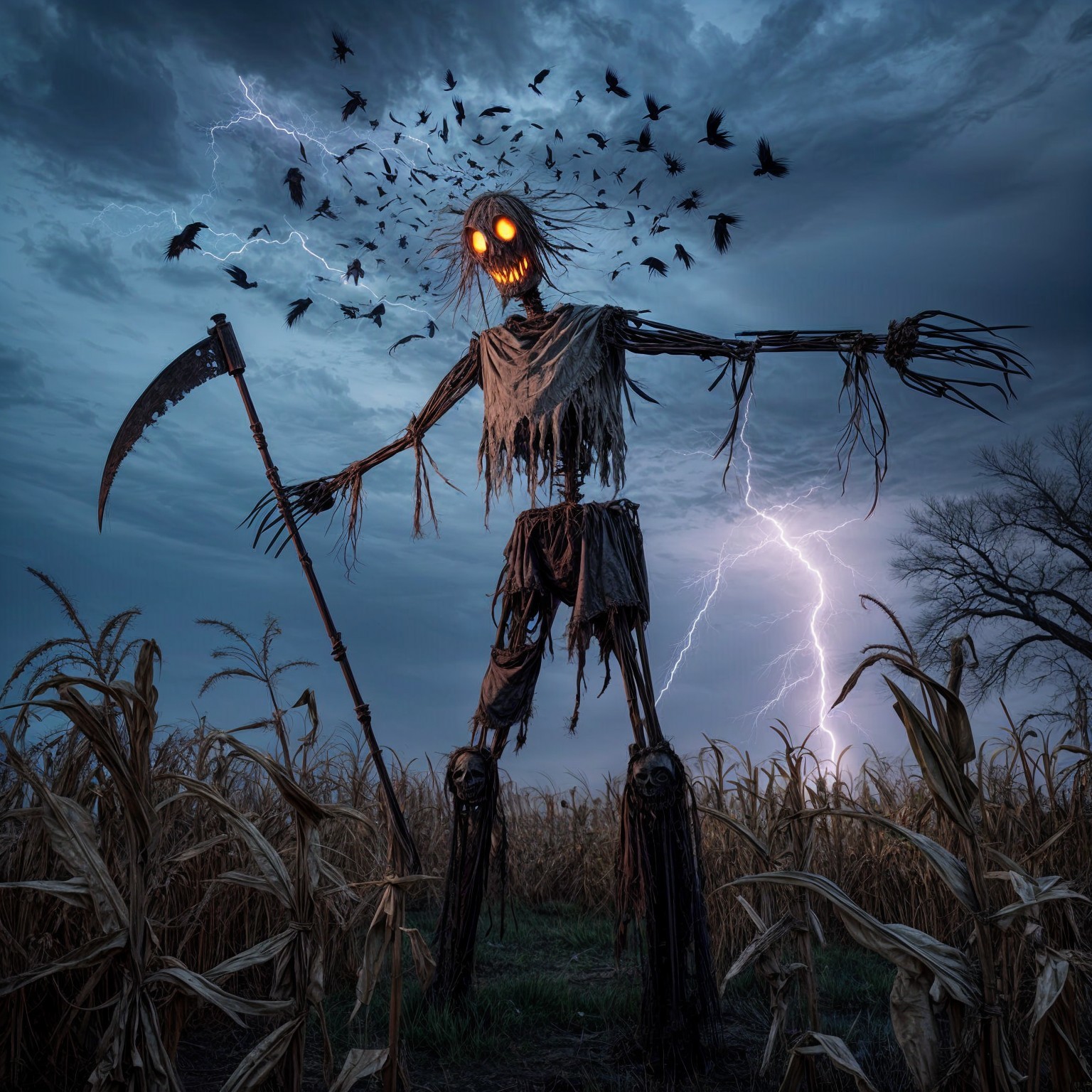 Scarecrow in Cornfield with Stormy Sky and Crows