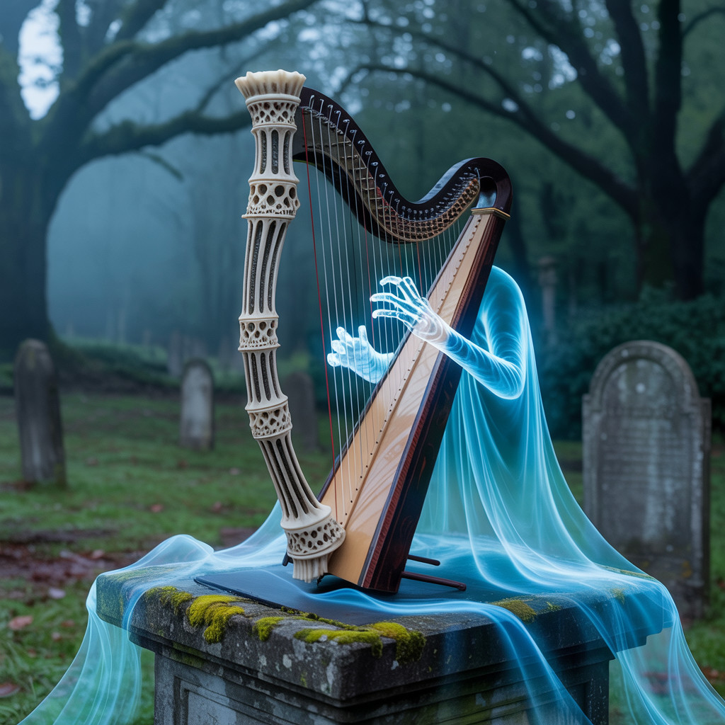 Ghostly Figure Playing Harp in Misty Graveyard