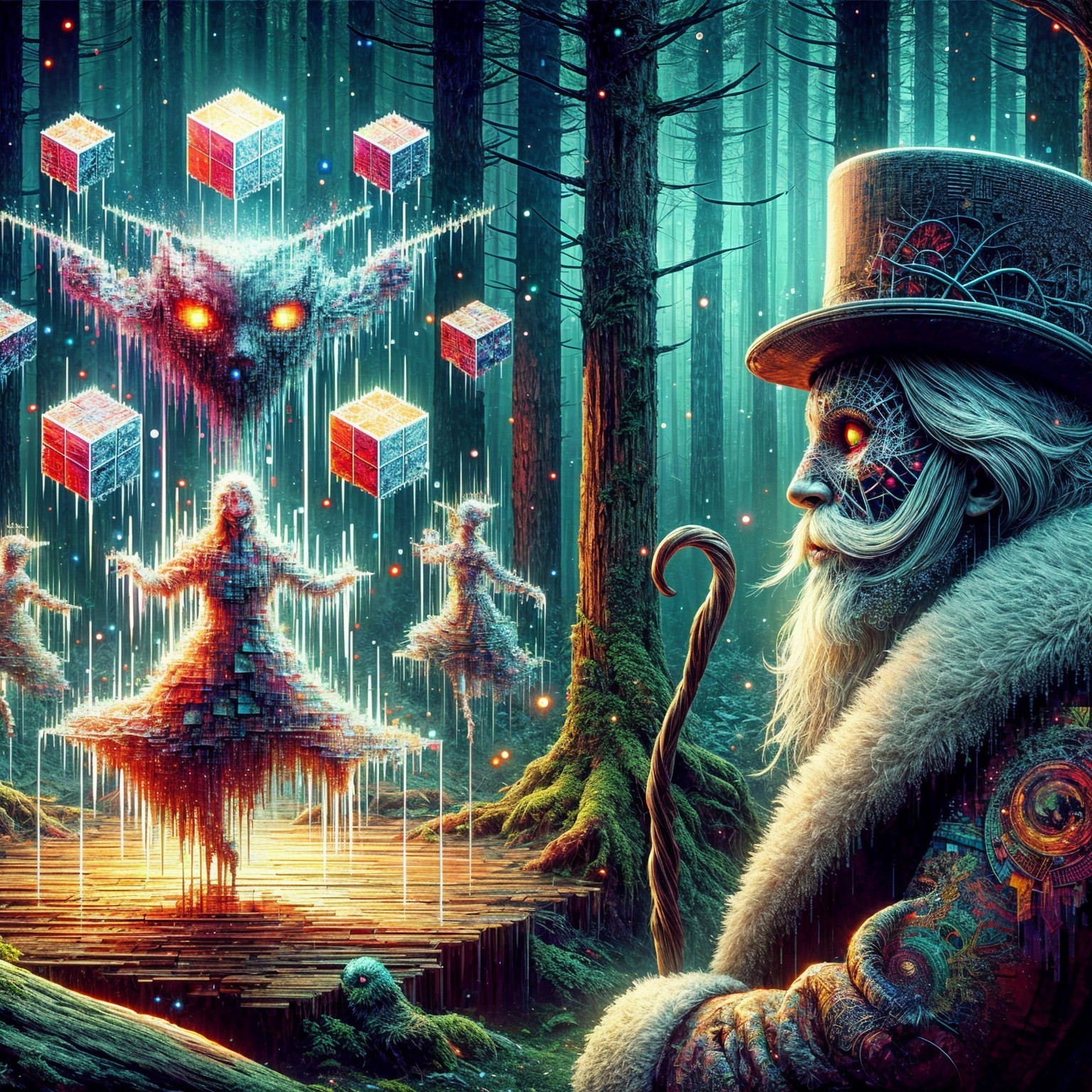 Mystical forest scene with holographic dancers and magic