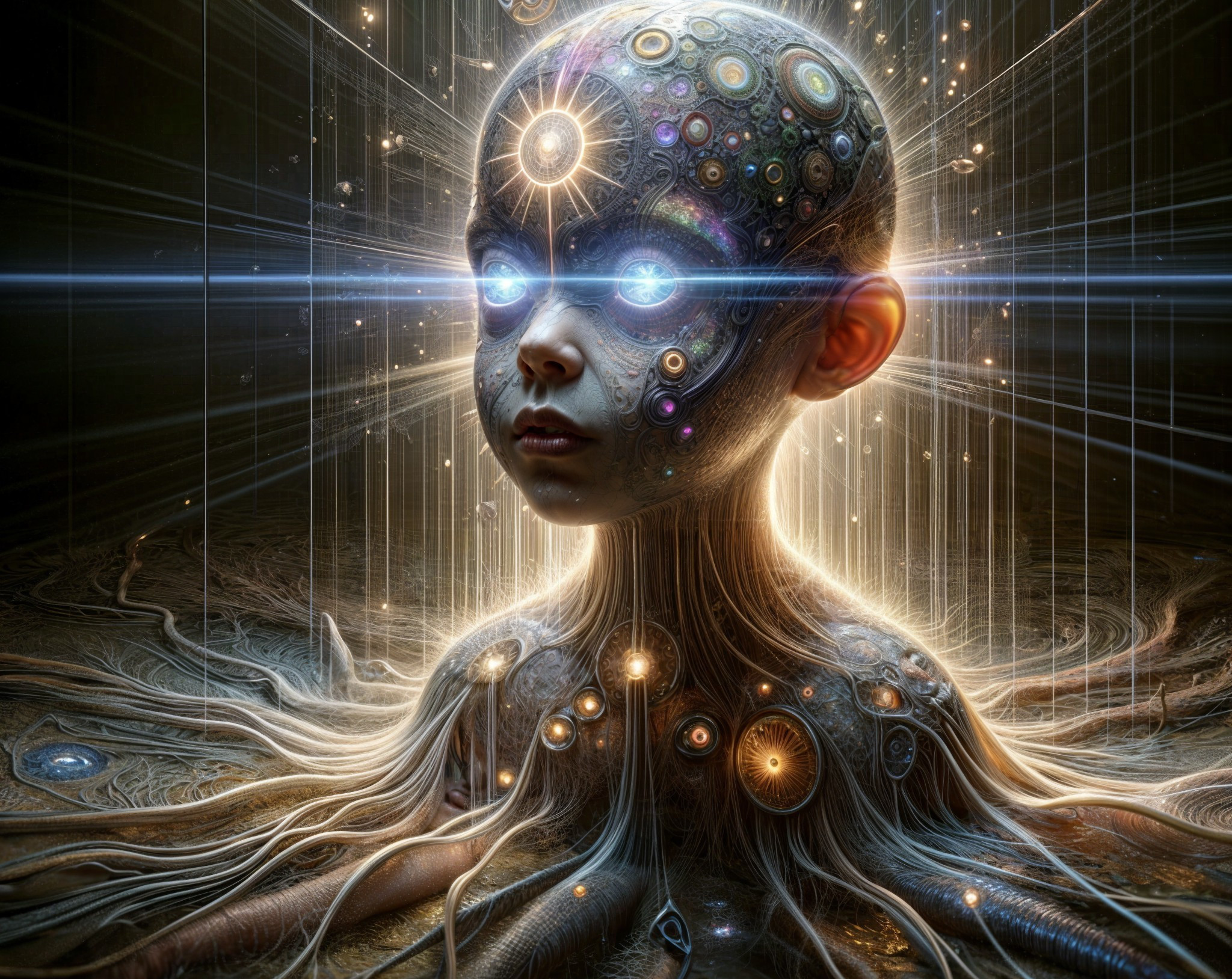 Surreal Child Figure Amidst Cosmic Patterns and Light