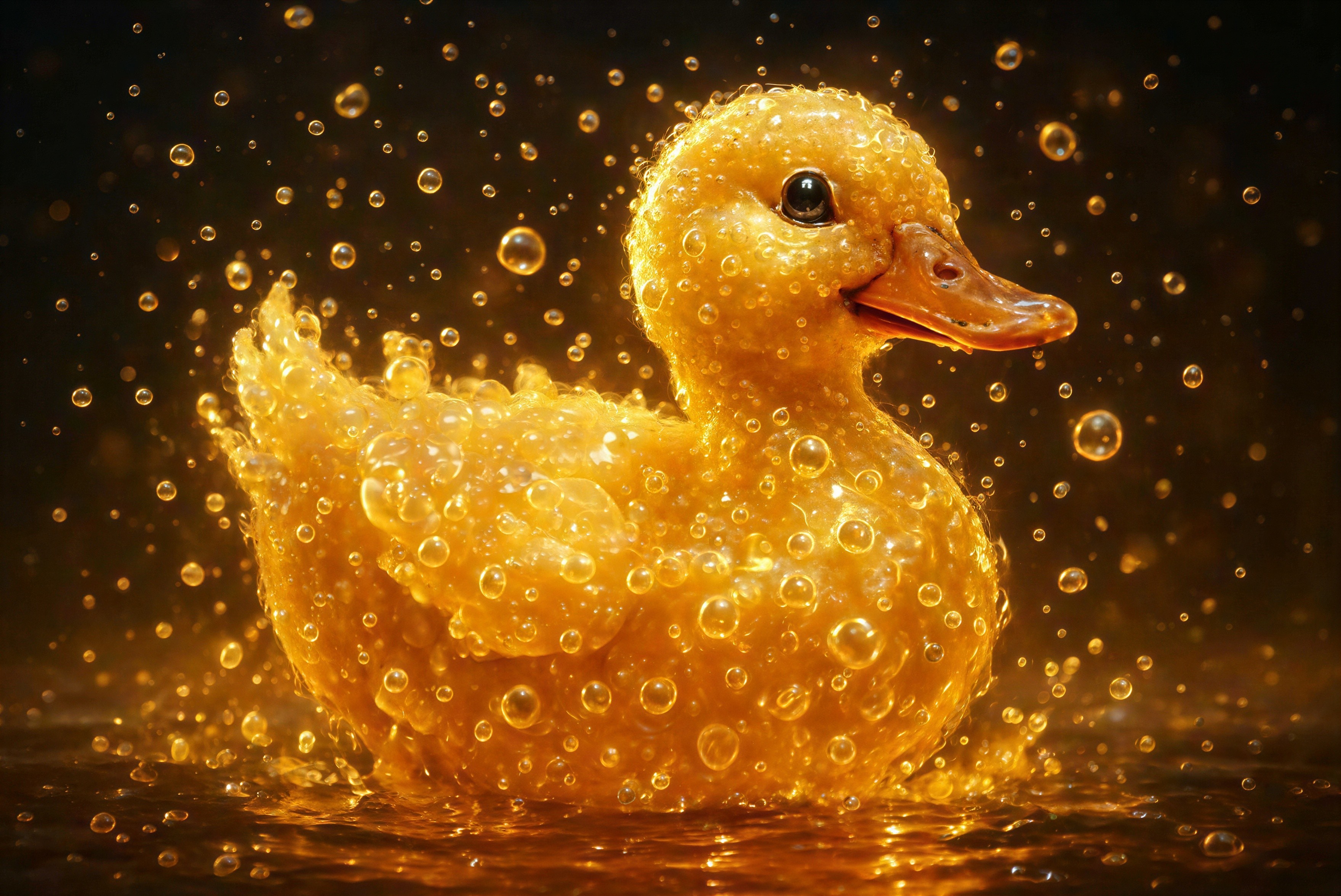 Vibrant Orange Duckling Sculpture in Golden Liquid