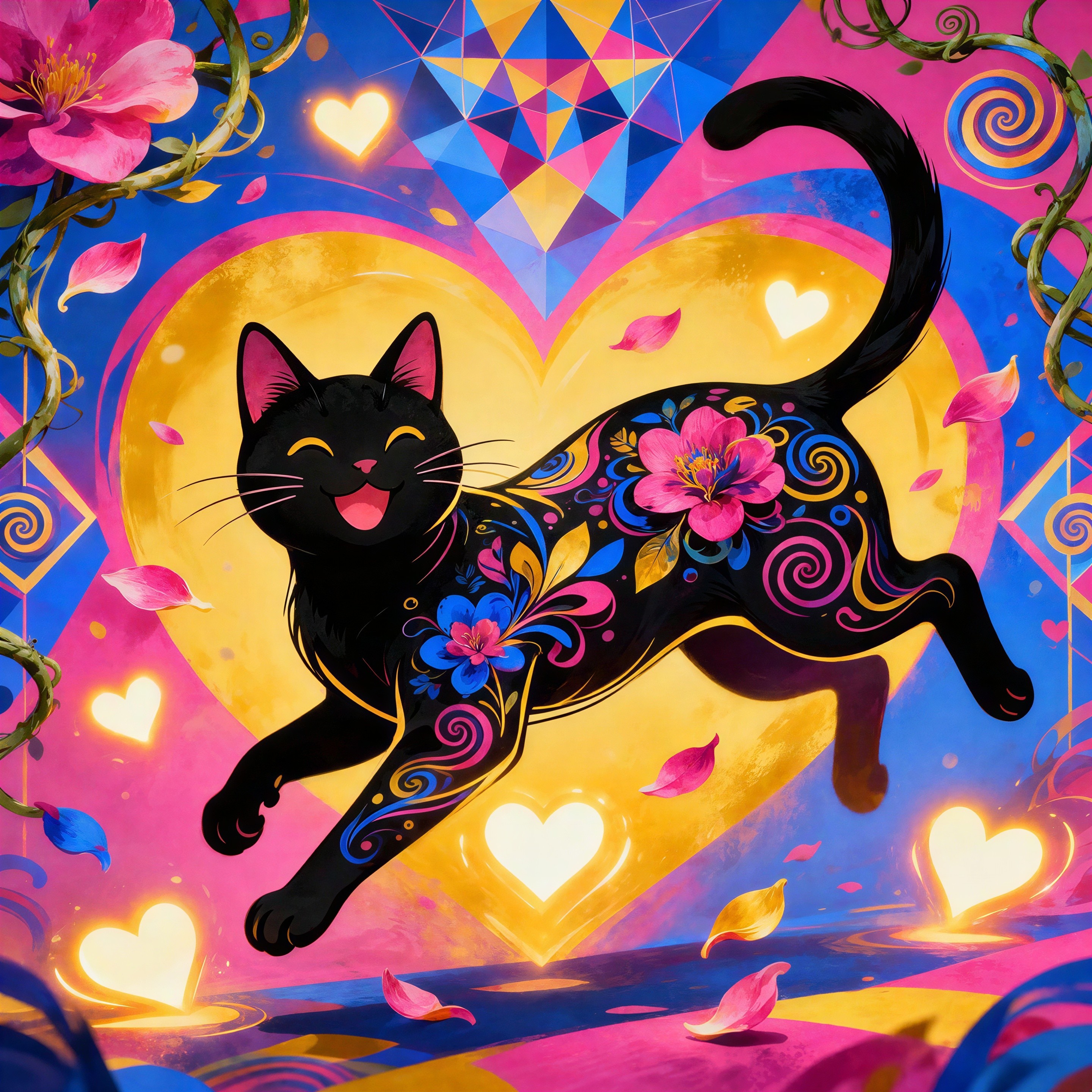 Colorful Illustration of a Black Cat with Hearts and Flowers