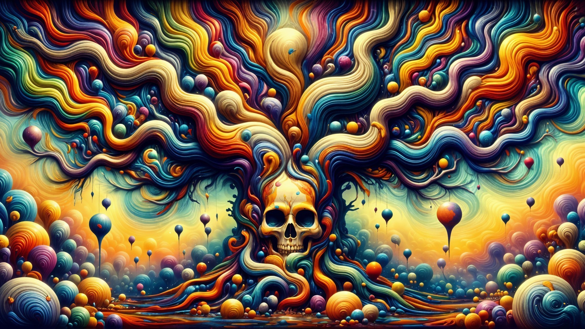 Vibrant Tree with Skull and Colorful Orbs in Background