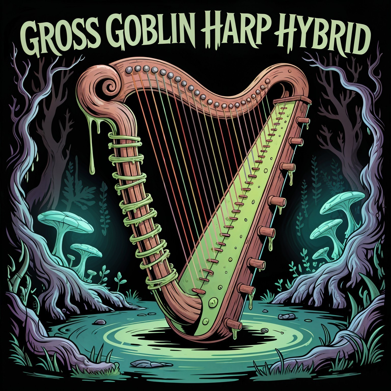 Whimsical Goblin-Inspired Harp in Enchanted Forest