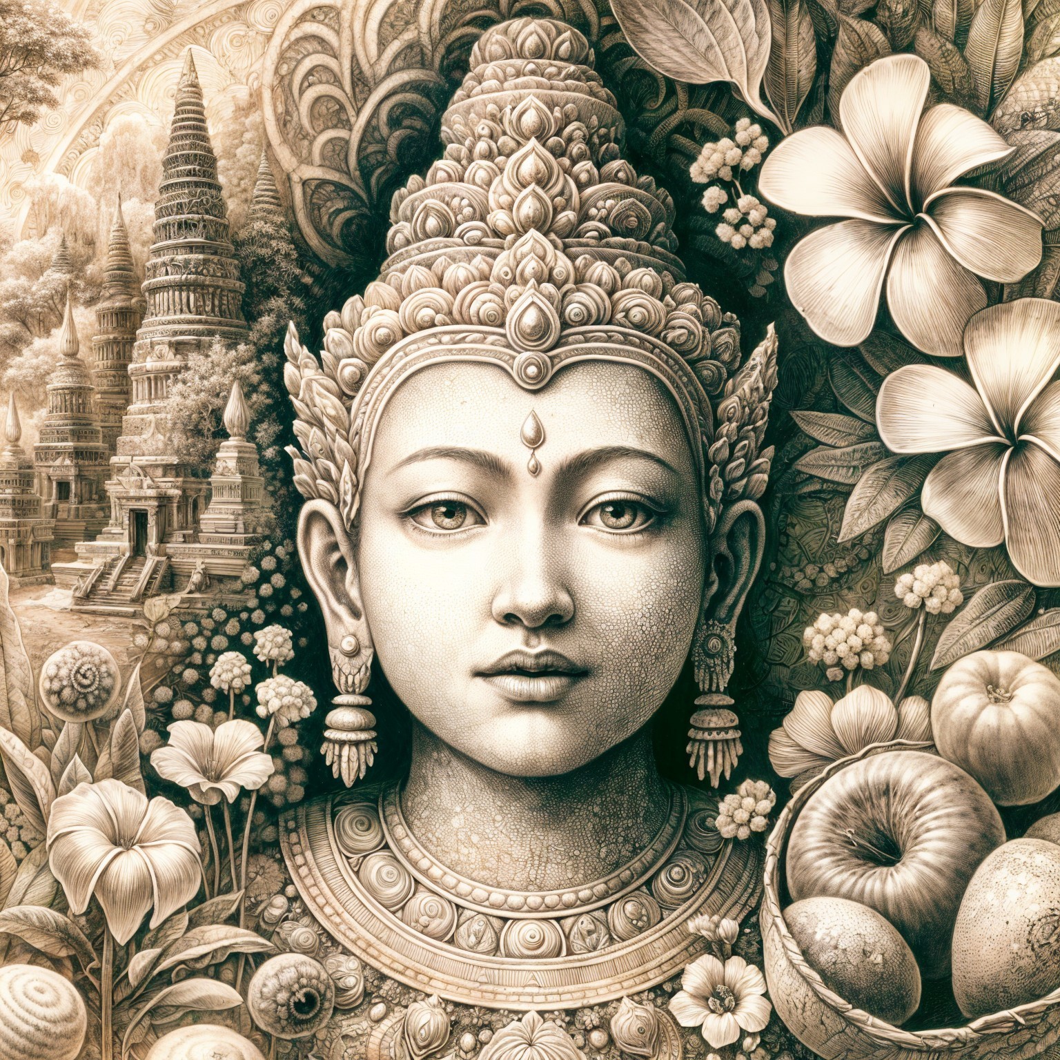 Serene Goddess Face with Floral Motifs and Jewelry