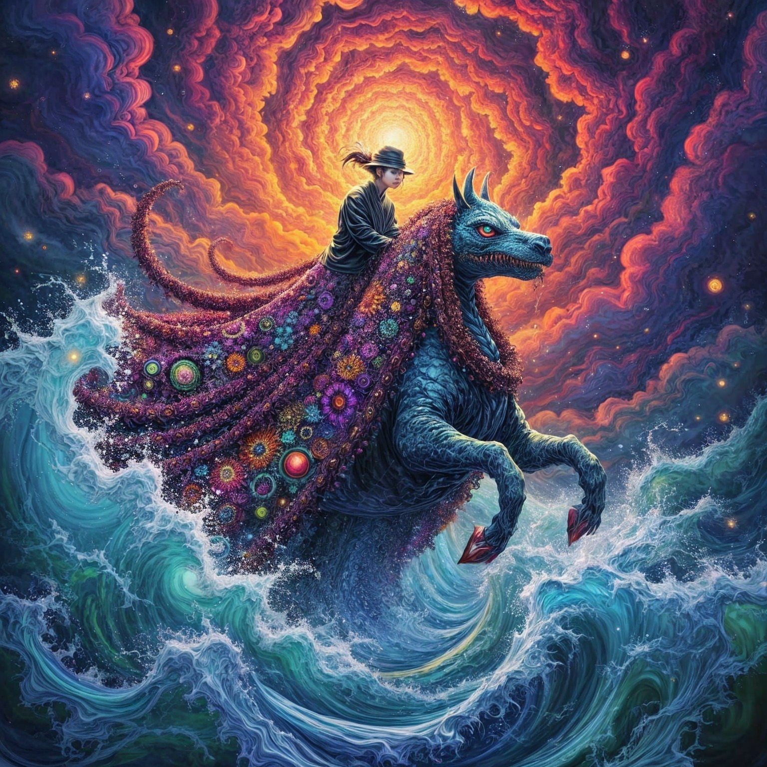 Mystical Figure on Aquatic Creature in Colorful Waves
