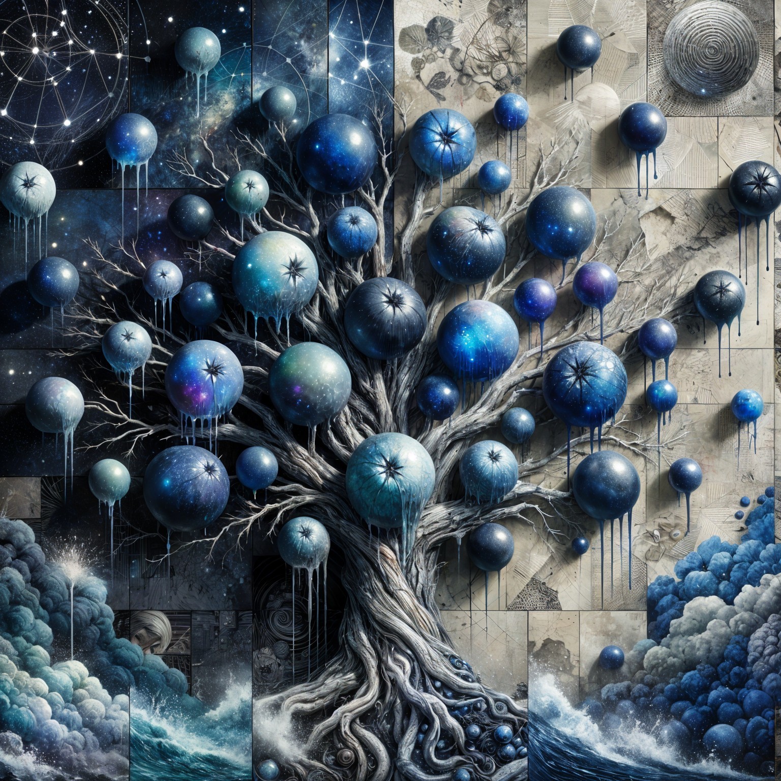 Surreal Tree with Celestial Orbs in Dreamlike Scene