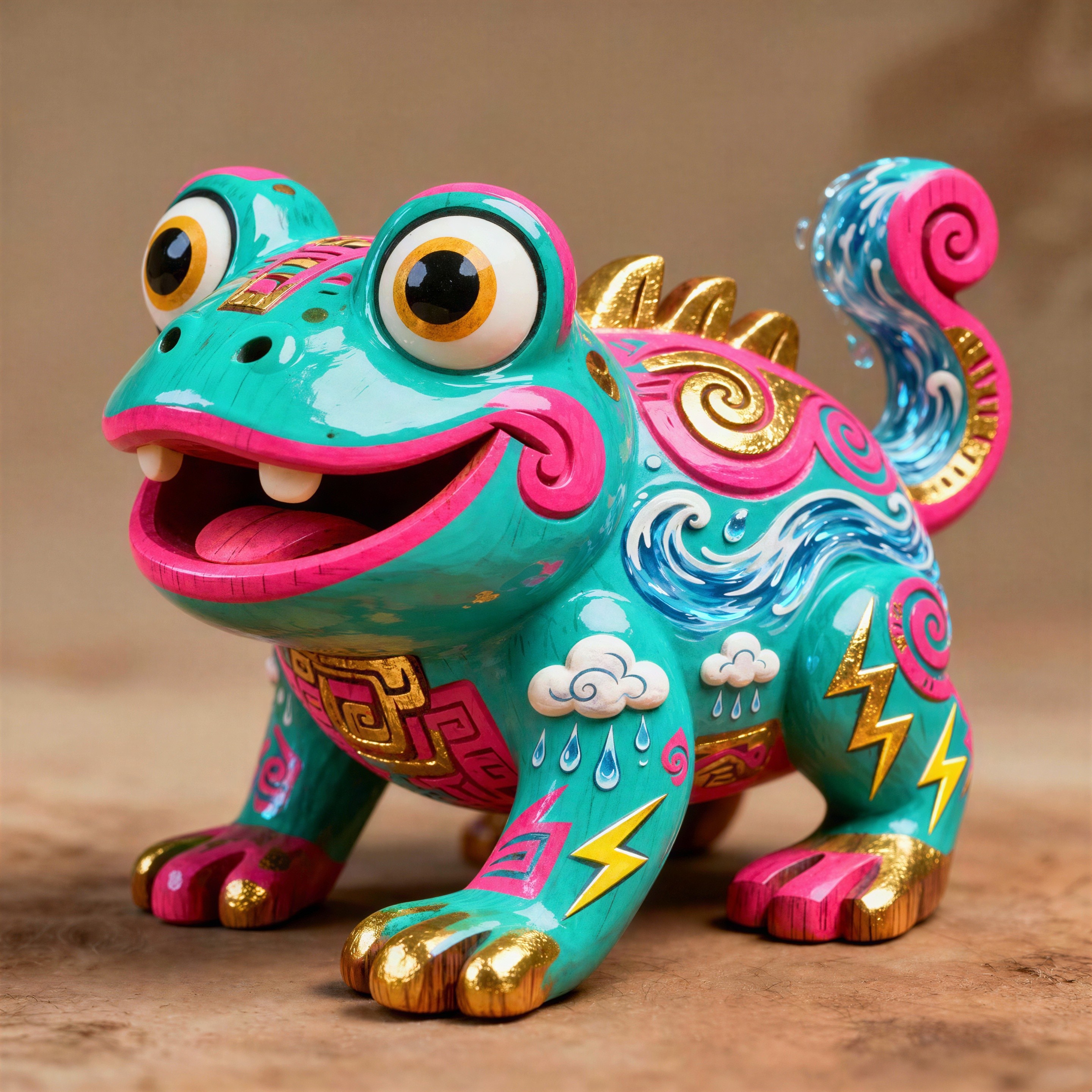 Vibrant Mexican Folk Art Chameleon Wood Sculpture