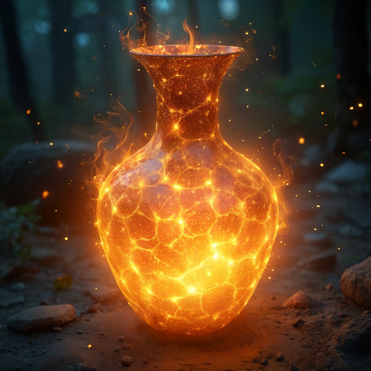 Vase with Fiery Brilliance in Mystical Forest Setting