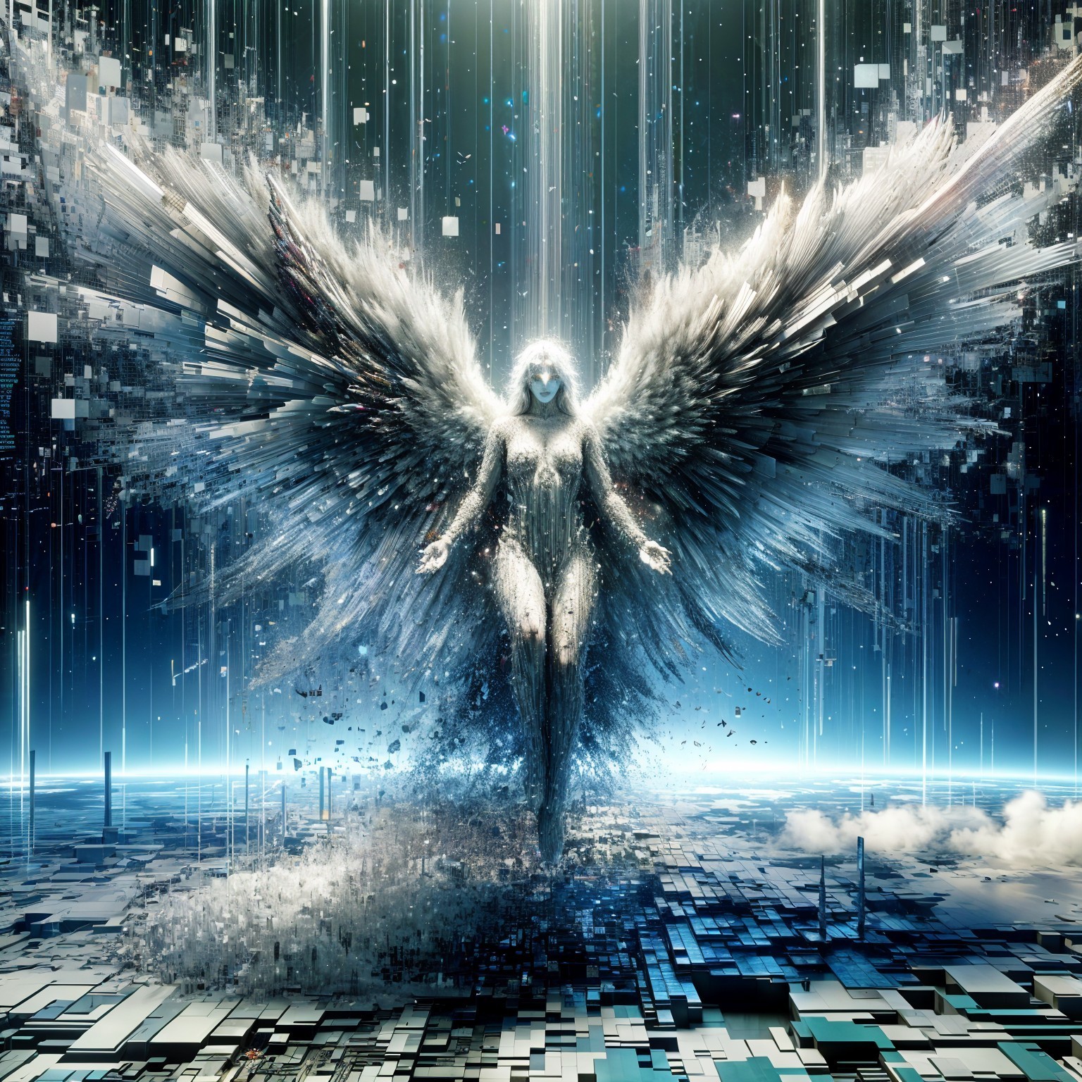 Majestic Figure with Wings in Digital Landscape