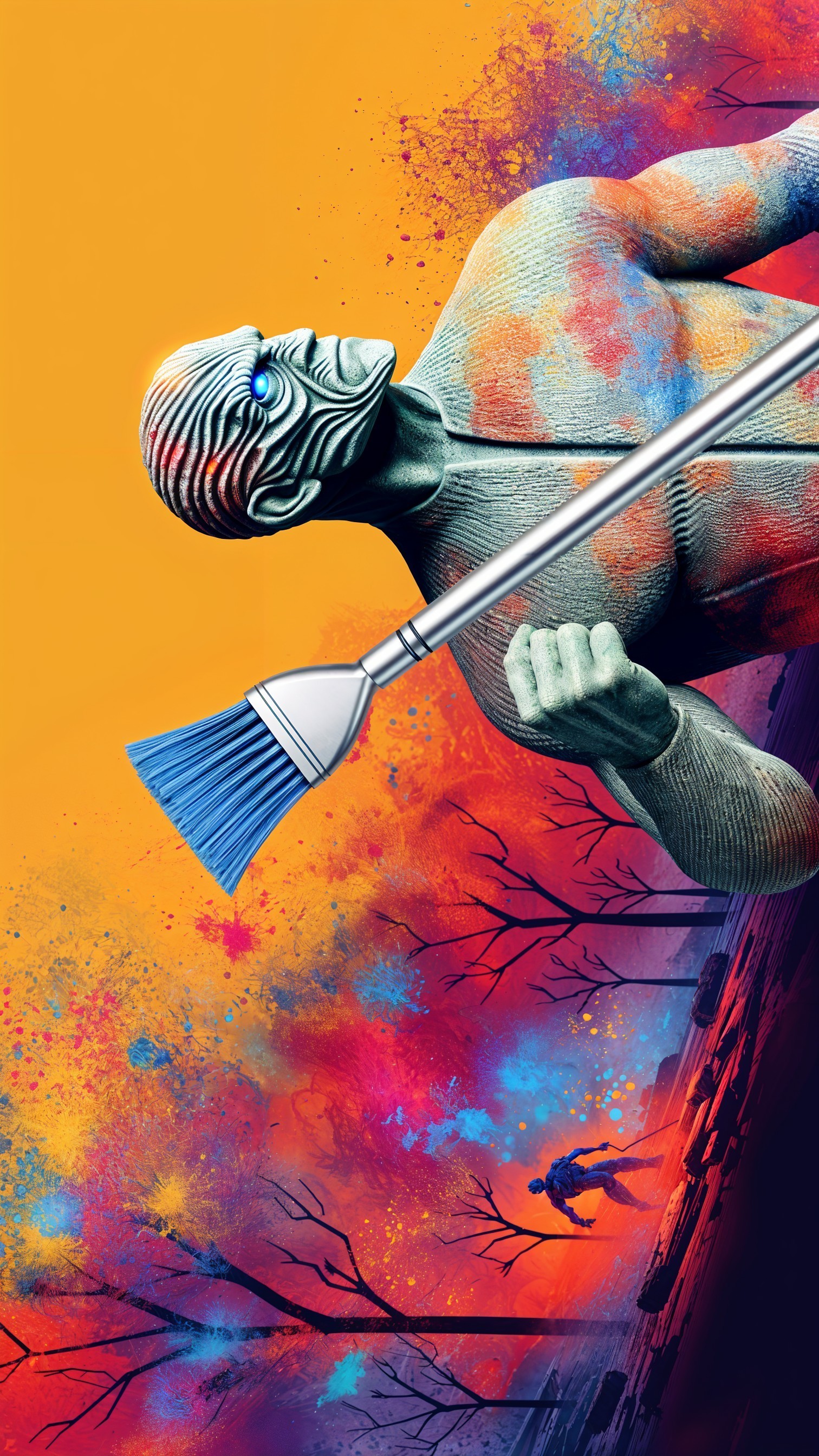 Muscular Figure with Paintbrush on Colorful Background