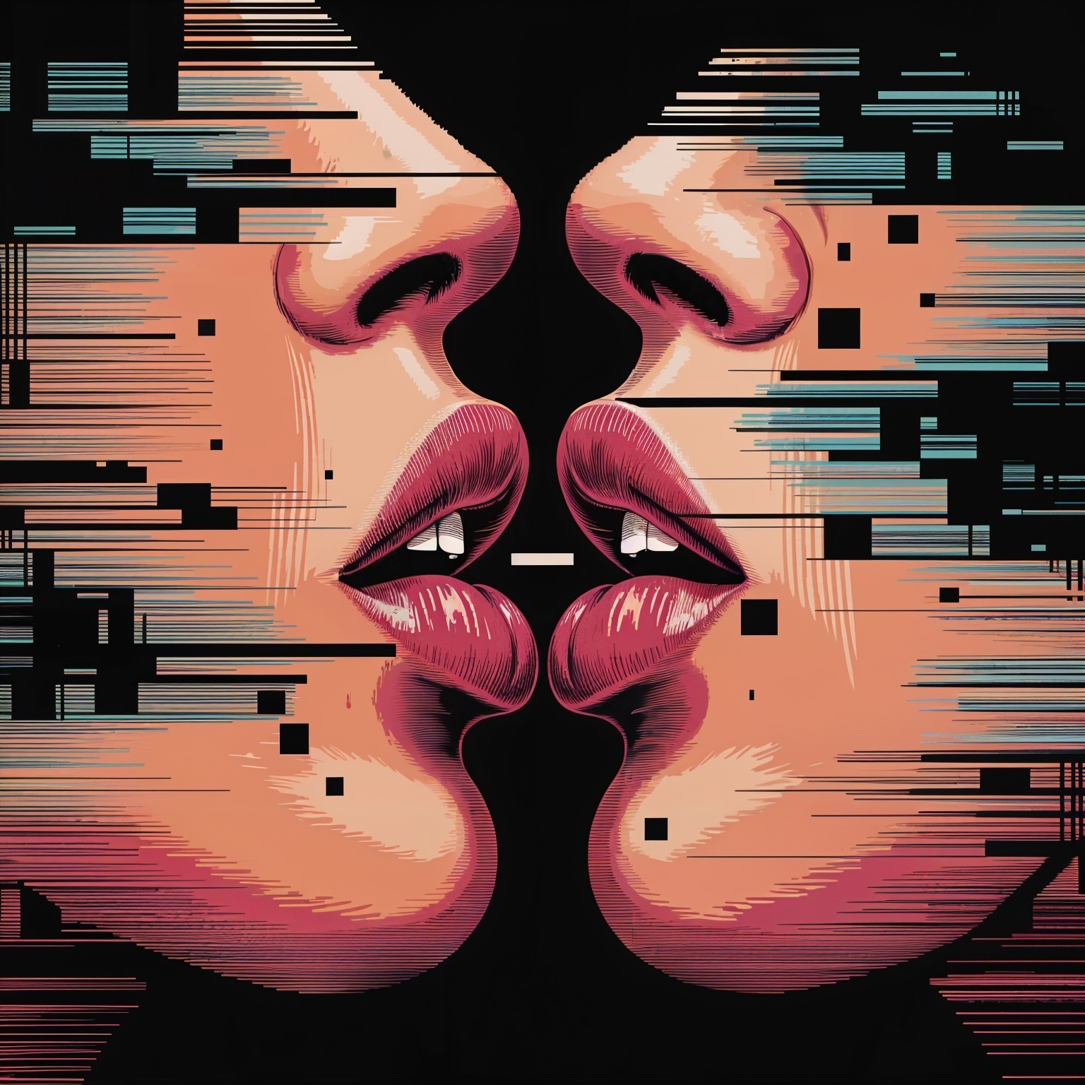 Digital Glitch Art of Two Faces Ready to Kiss