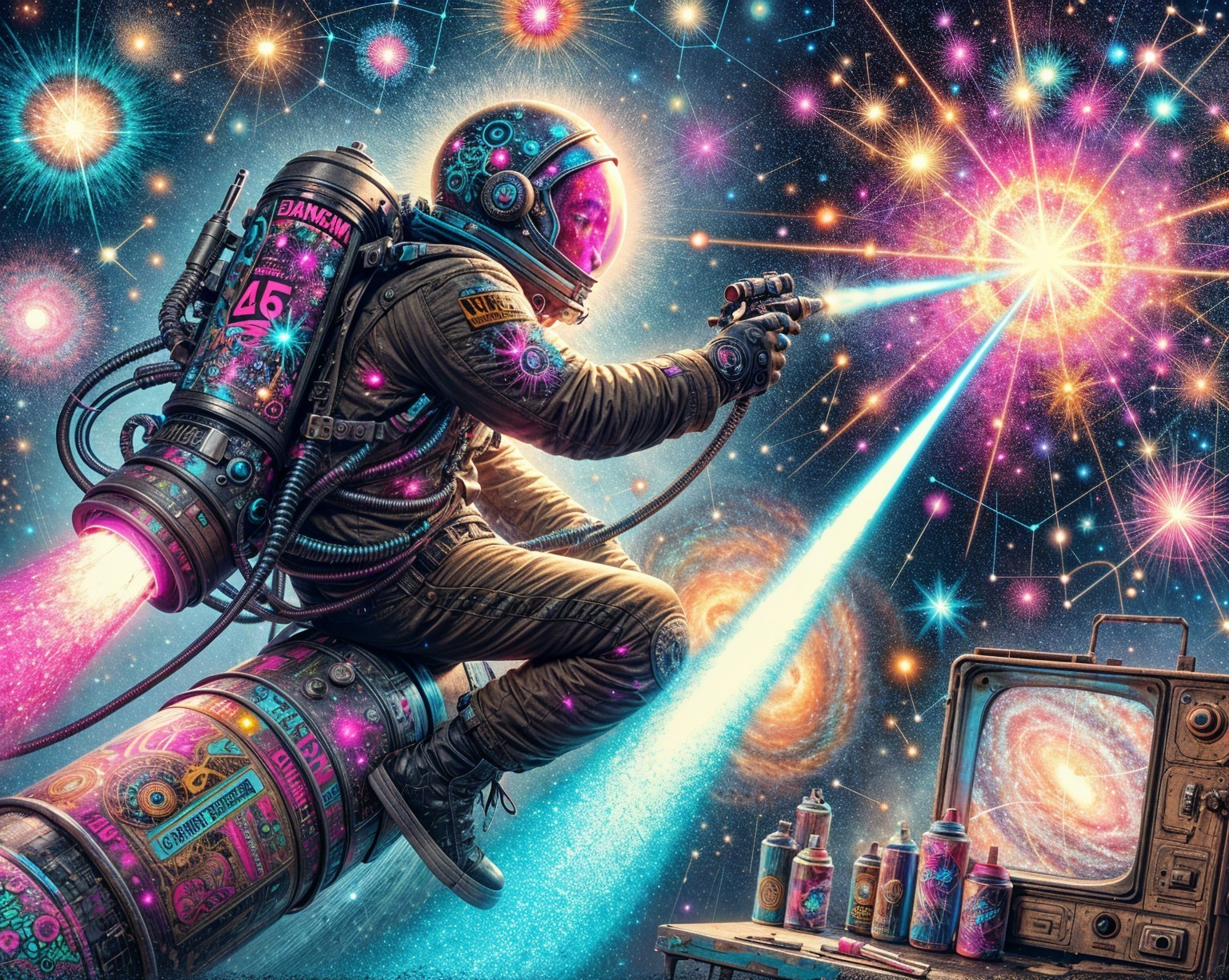 Astronaut in Retro Suit Paints Cosmic Explosion Scene