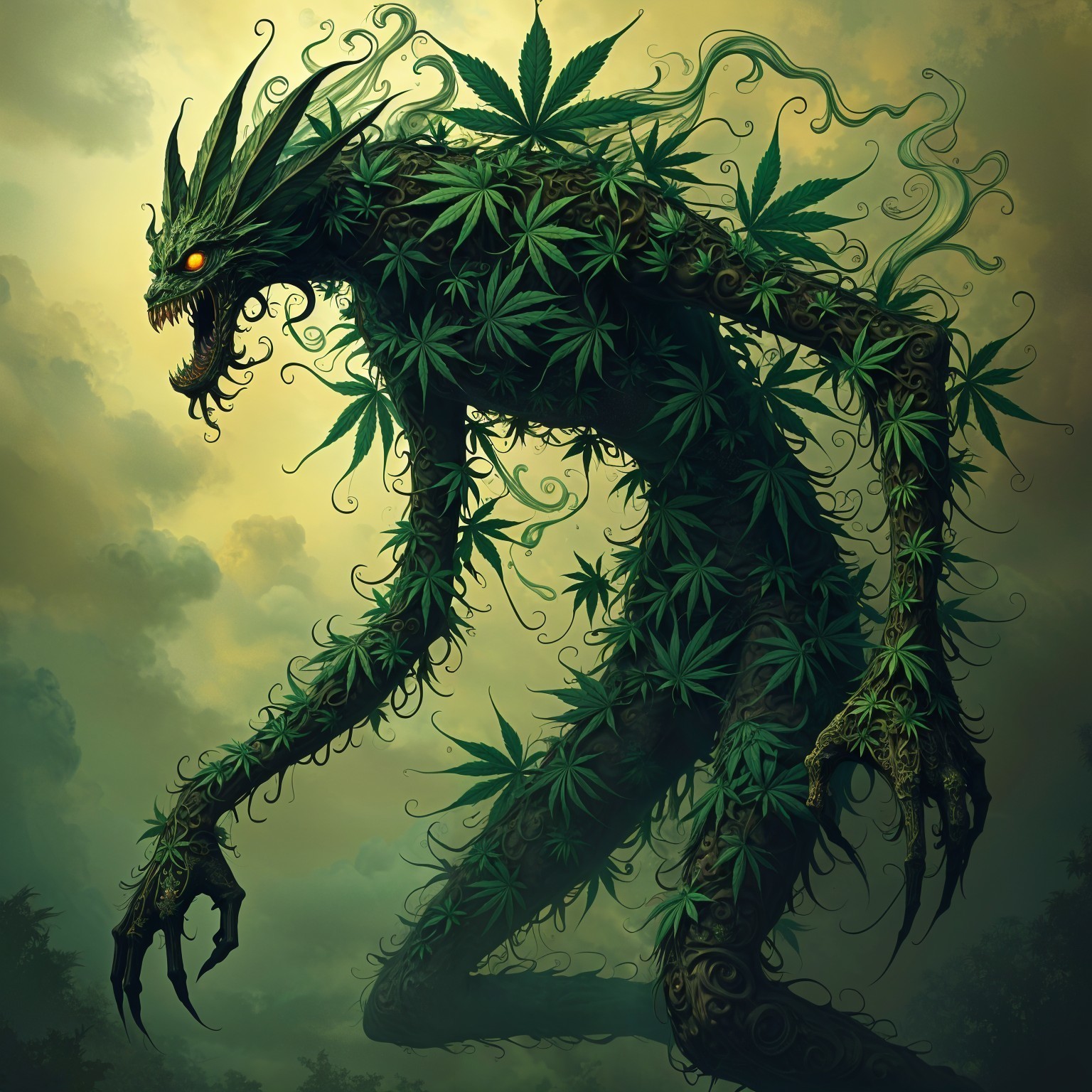 Mythical Creature Made of Cannabis Leaves in Twilight
