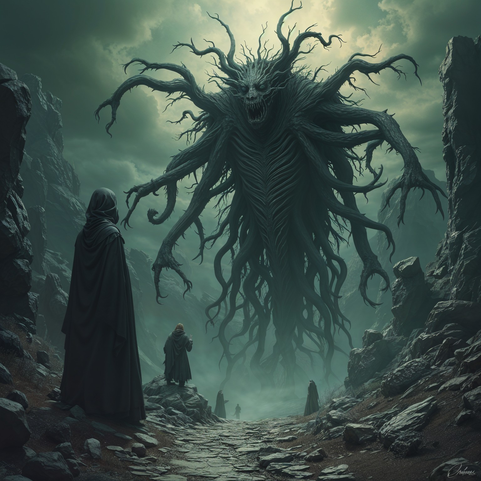 Cloaked Figures Confront Monstrous Entity in Dark Landscape