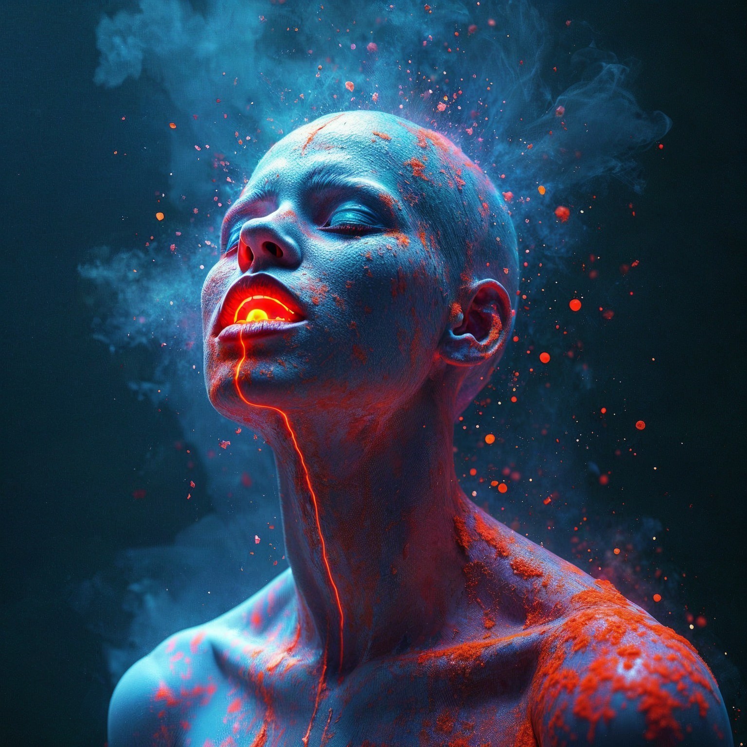 Abstract Portrait of a Bald Figure in Colorful Smoke
