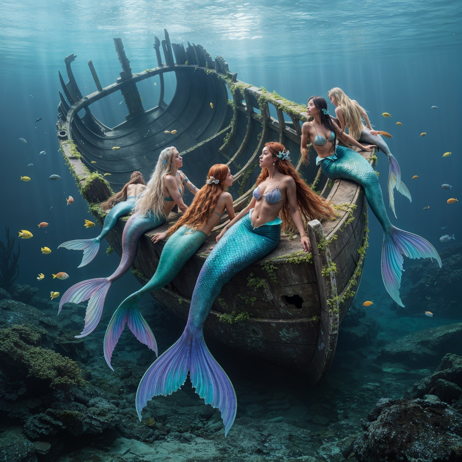 Mermaids with Vibrant Tails by a Sunken Ship