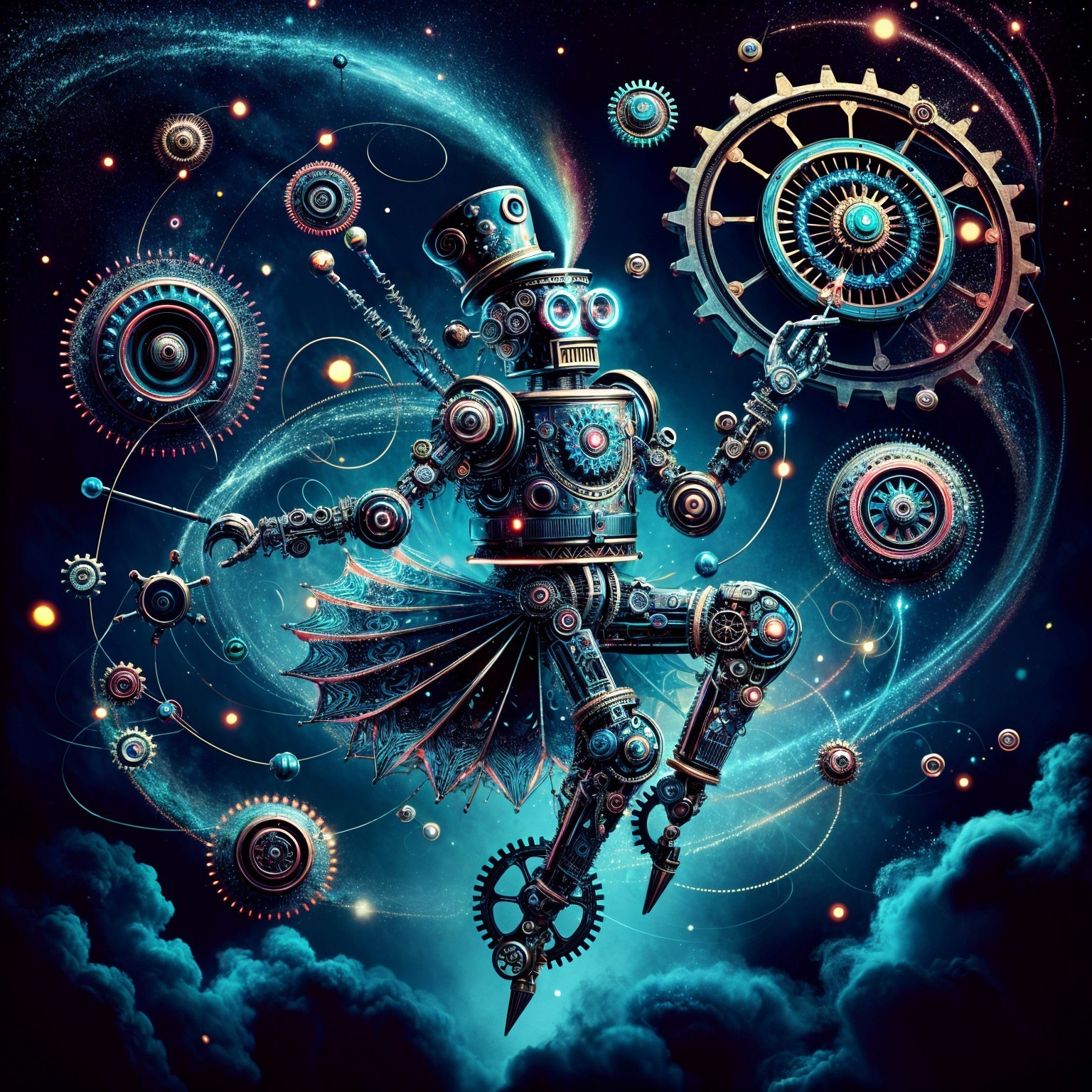 Whimsical Steampunk Robot in Cosmic Dance Scene