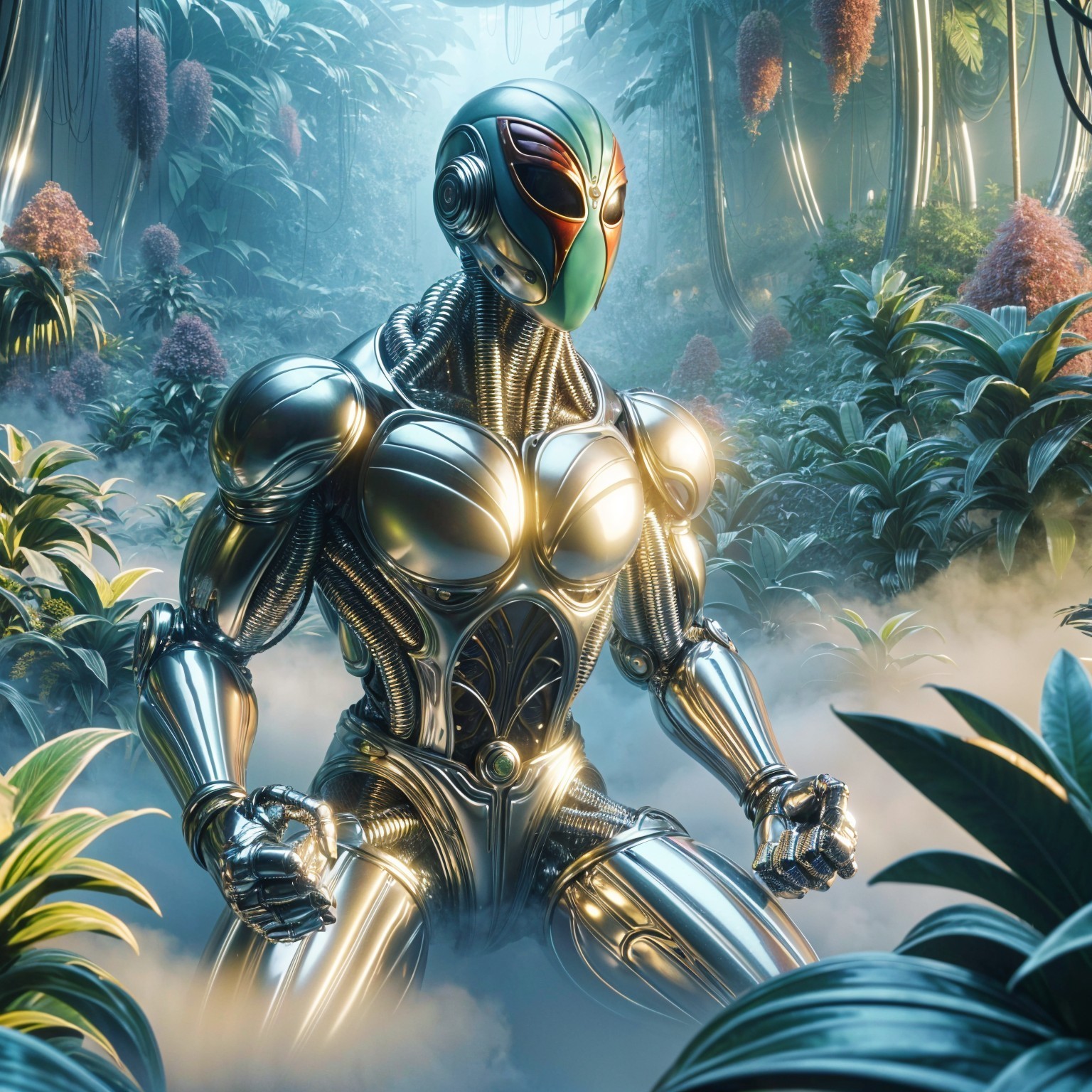 Futuristic robot in a vibrant jungle setting