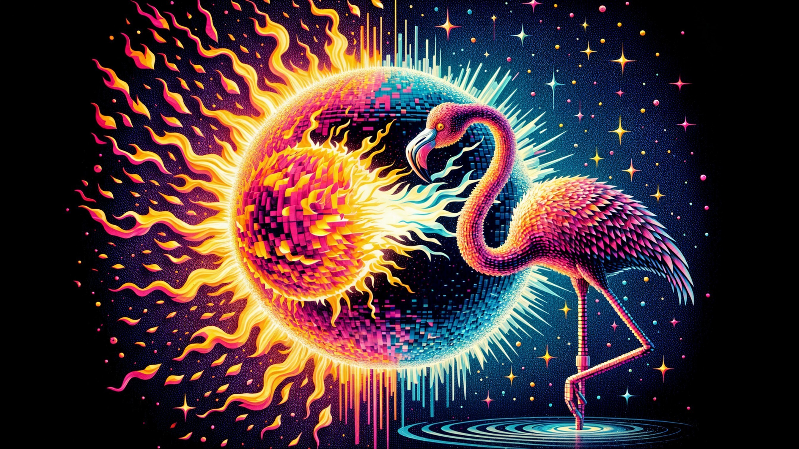 Surreal Illustration of Flamingo and Stylized Sun