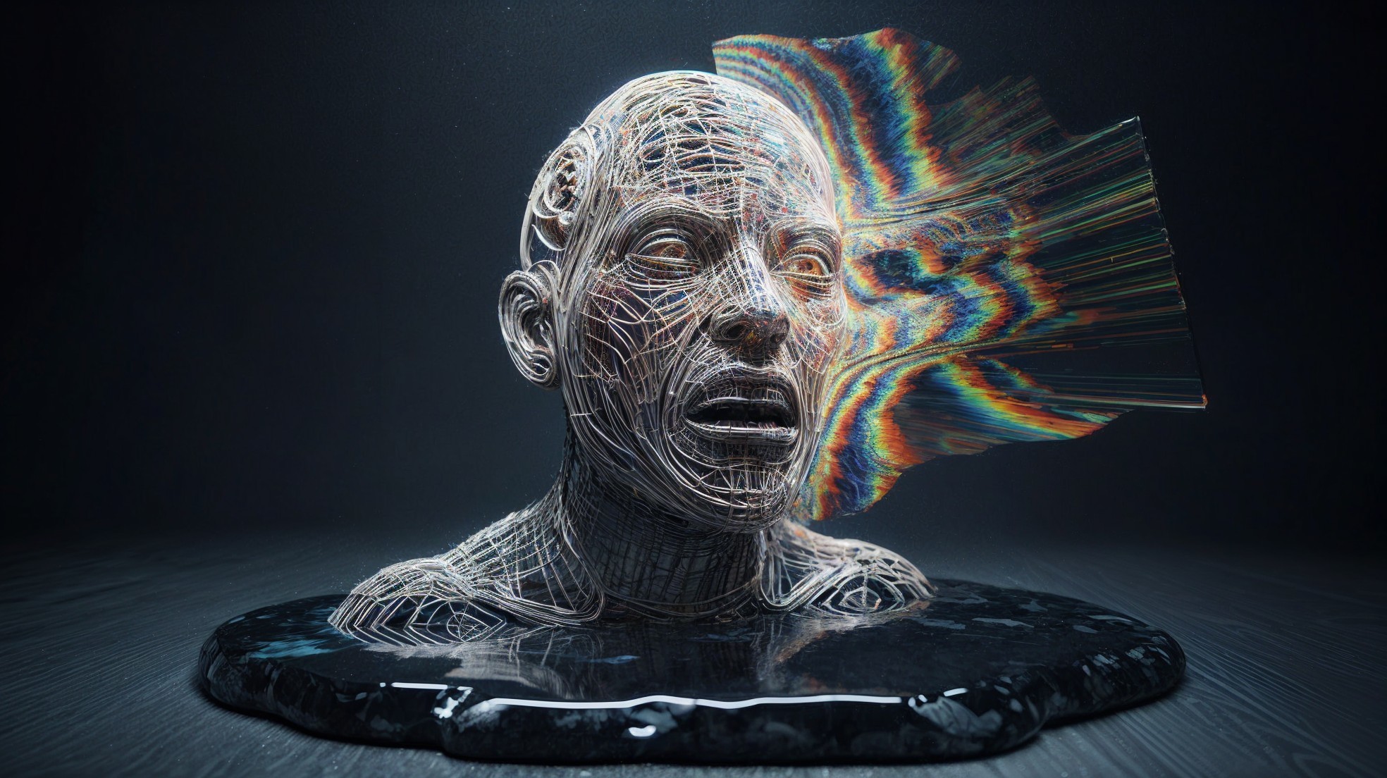 Wireframe Human Head Emerging from Reflective Surface