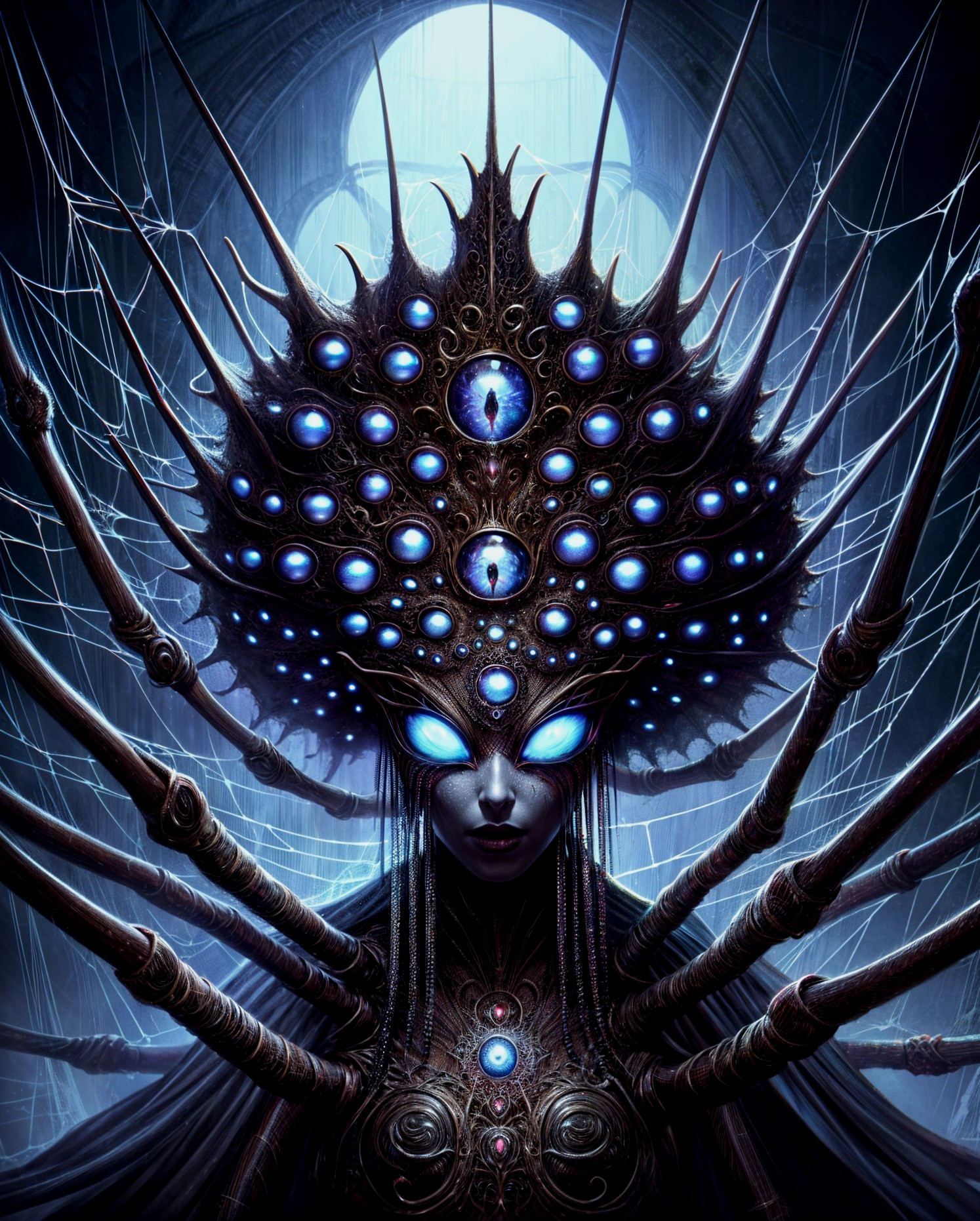Ethereal Figure in Dark Armor with Glowing Orbs