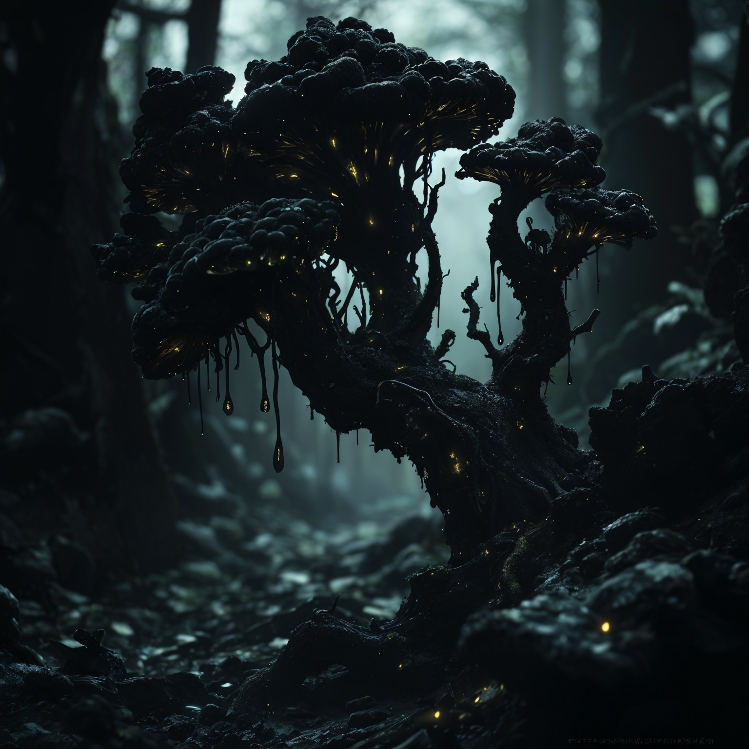 Mystical Forest with Glowing Tree and Fungi