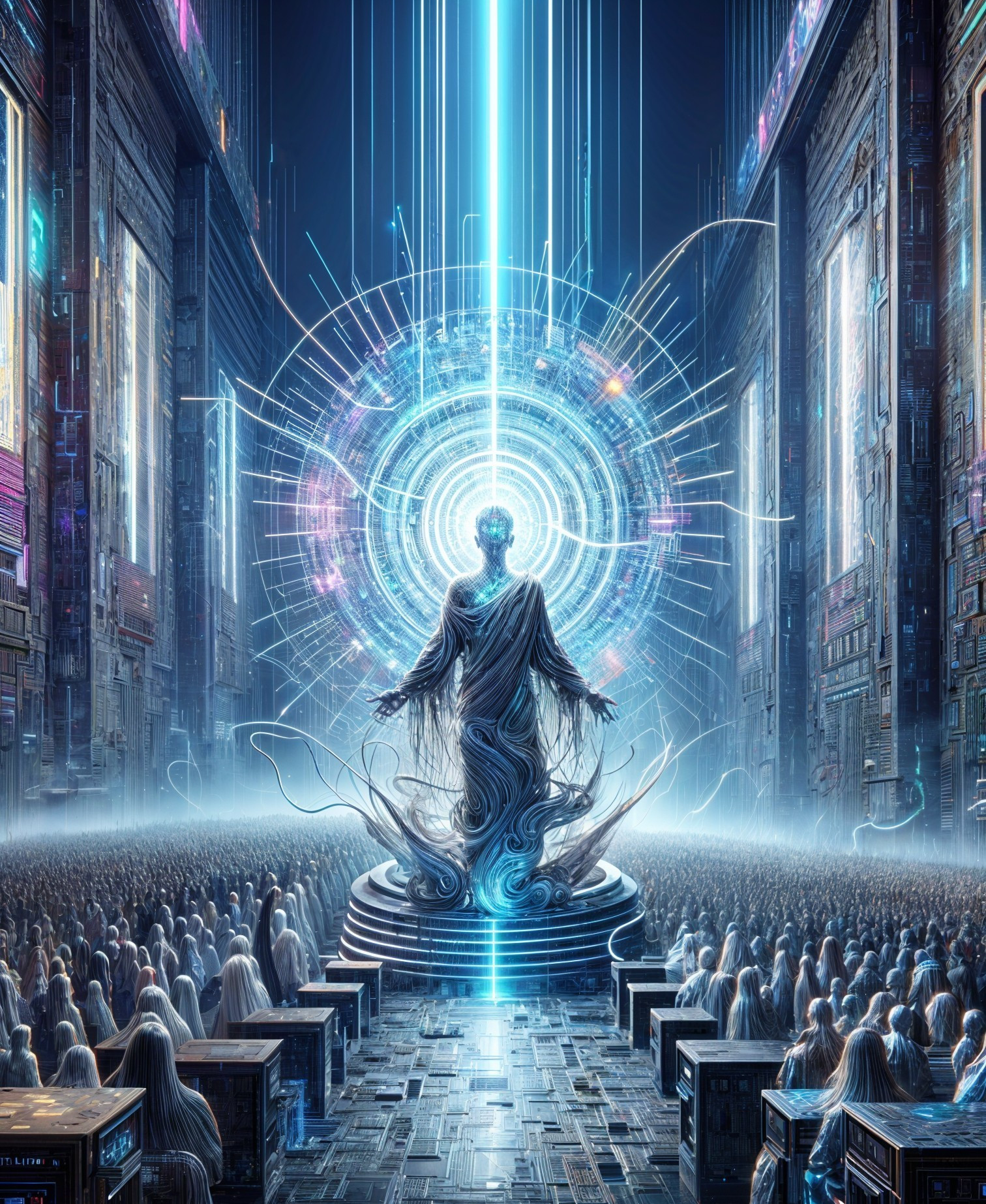 Futuristic Scene with Majestic Figure and Ethereal Audience