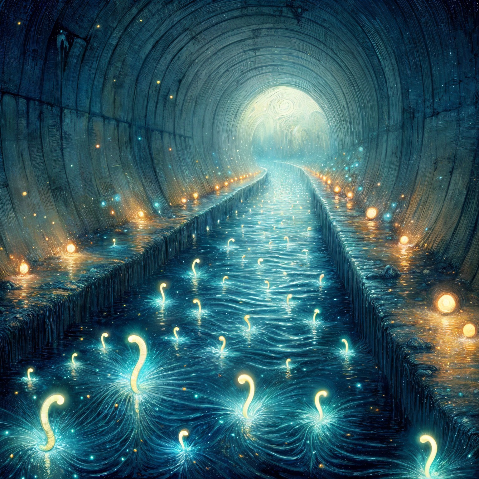 Mystical Underground Tunnel with Glowing Lights and Water