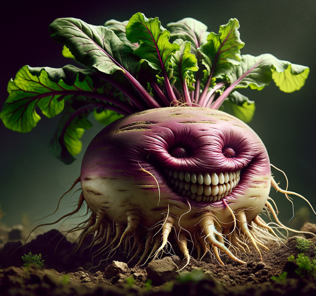 Oversized whimsical radish with cheerful expression