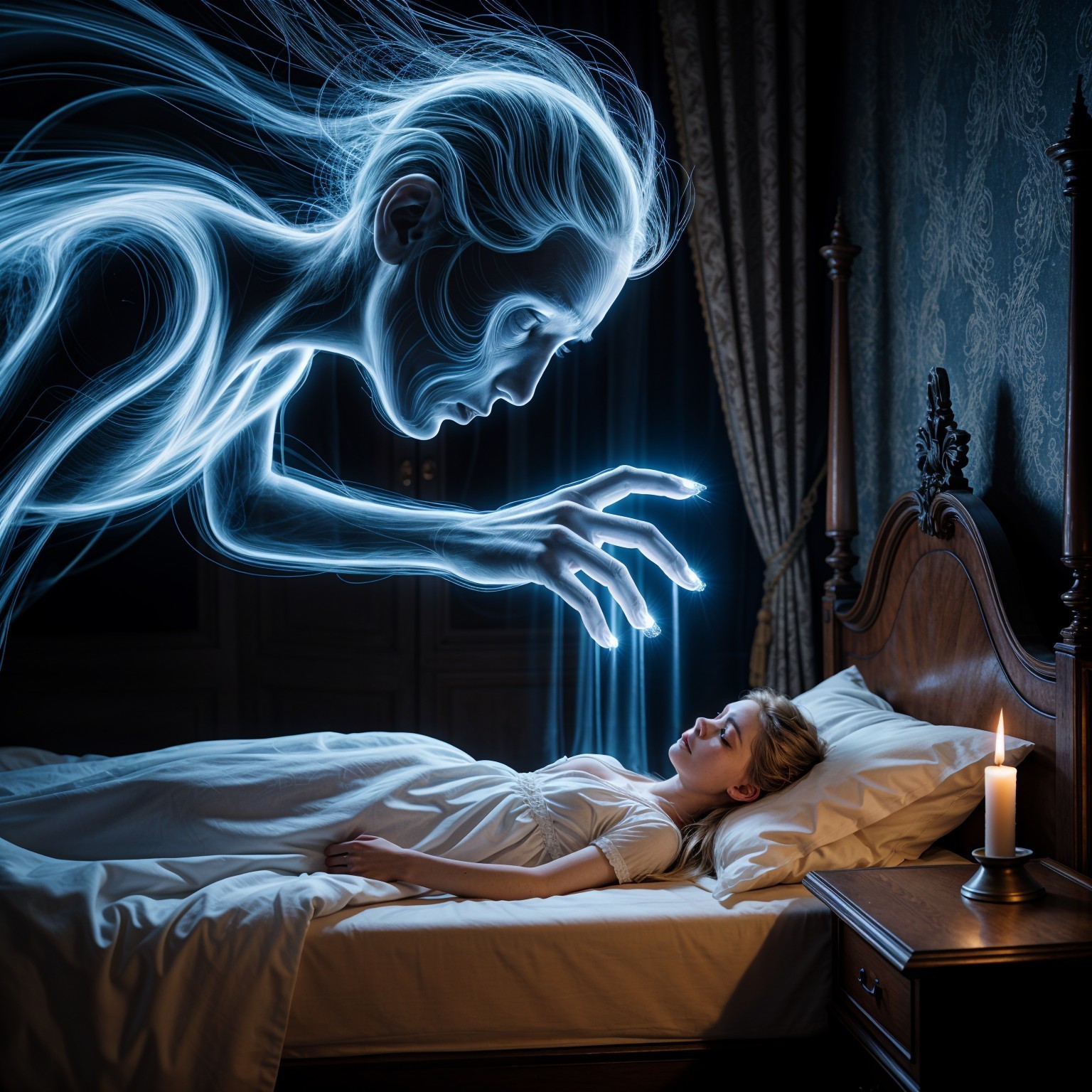 Ethereal Figure Over Sleeping Woman in Dim Room