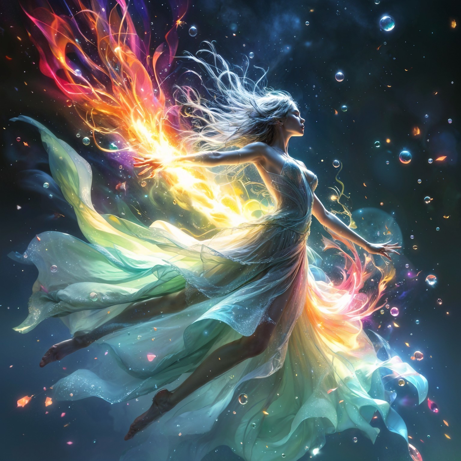 Ethereal Figure in Flowing Gown Surrounded by Bubbles