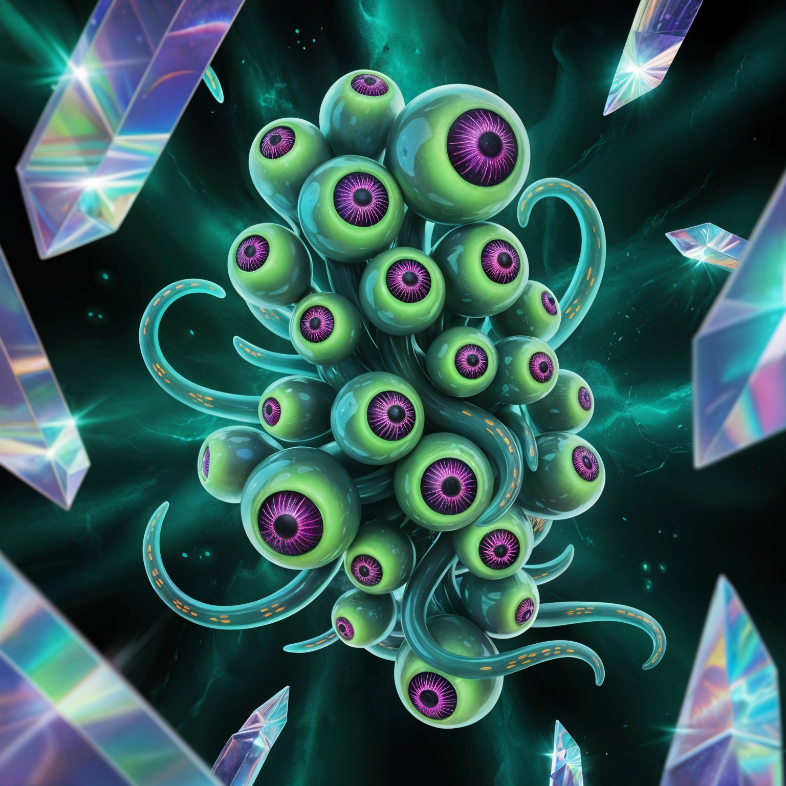Surreal Green Tentacles with Purple Eyes in Cosmic Scene