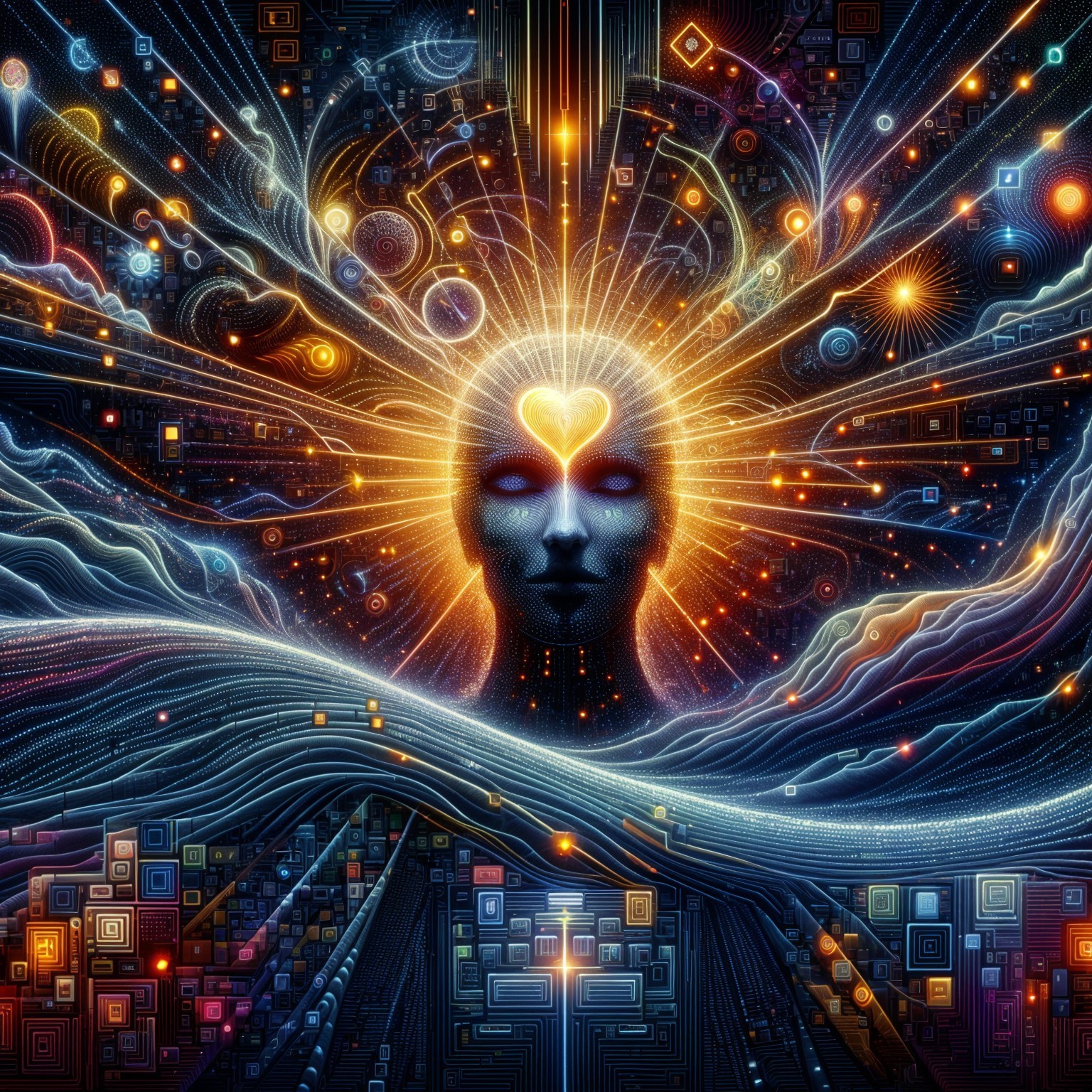 Surreal Luminous Head in Vibrant Abstract Landscape