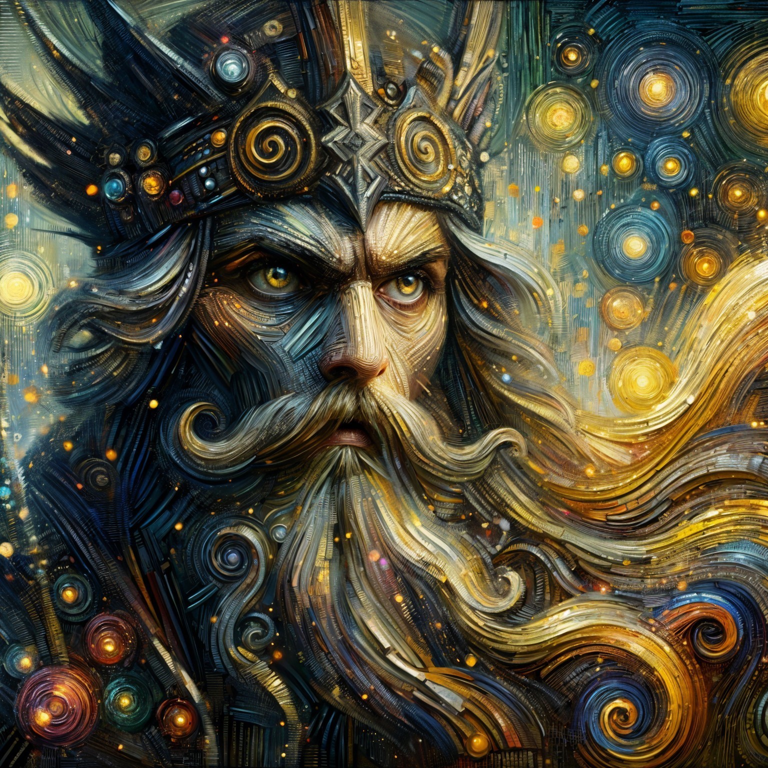 Majestic figure with crown and flowing beard in vibrant colors