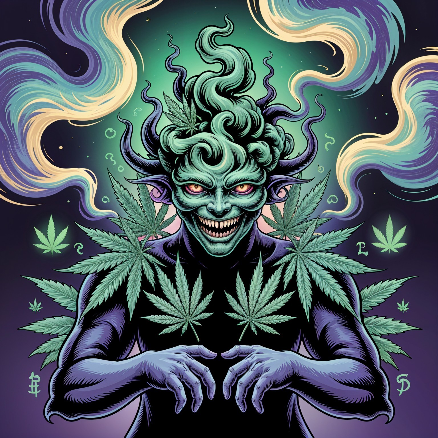 Mystical Figure with Green Hair and Cosmic Colors