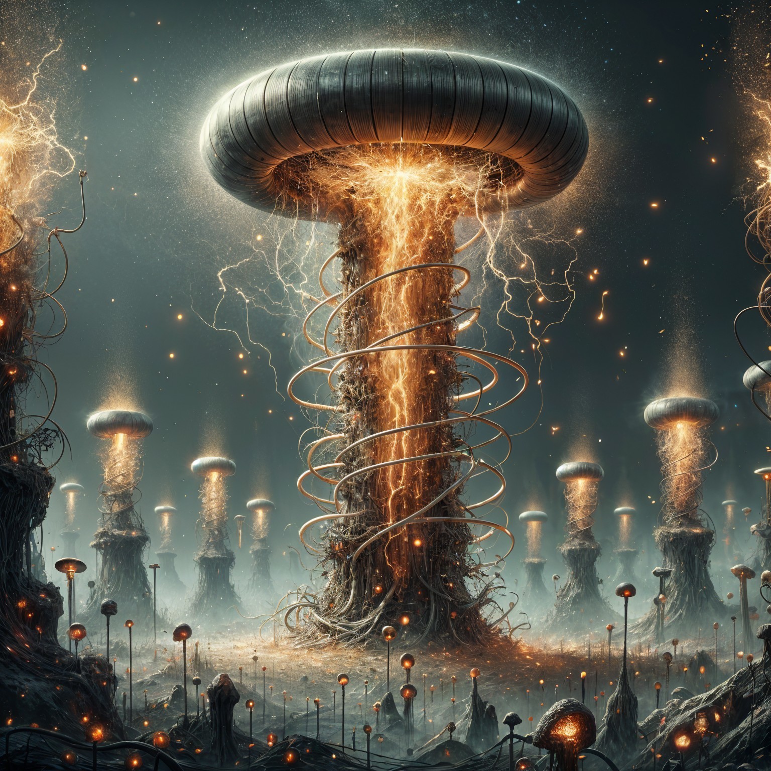 Surreal Futuristic Landscape with Glowing Structures