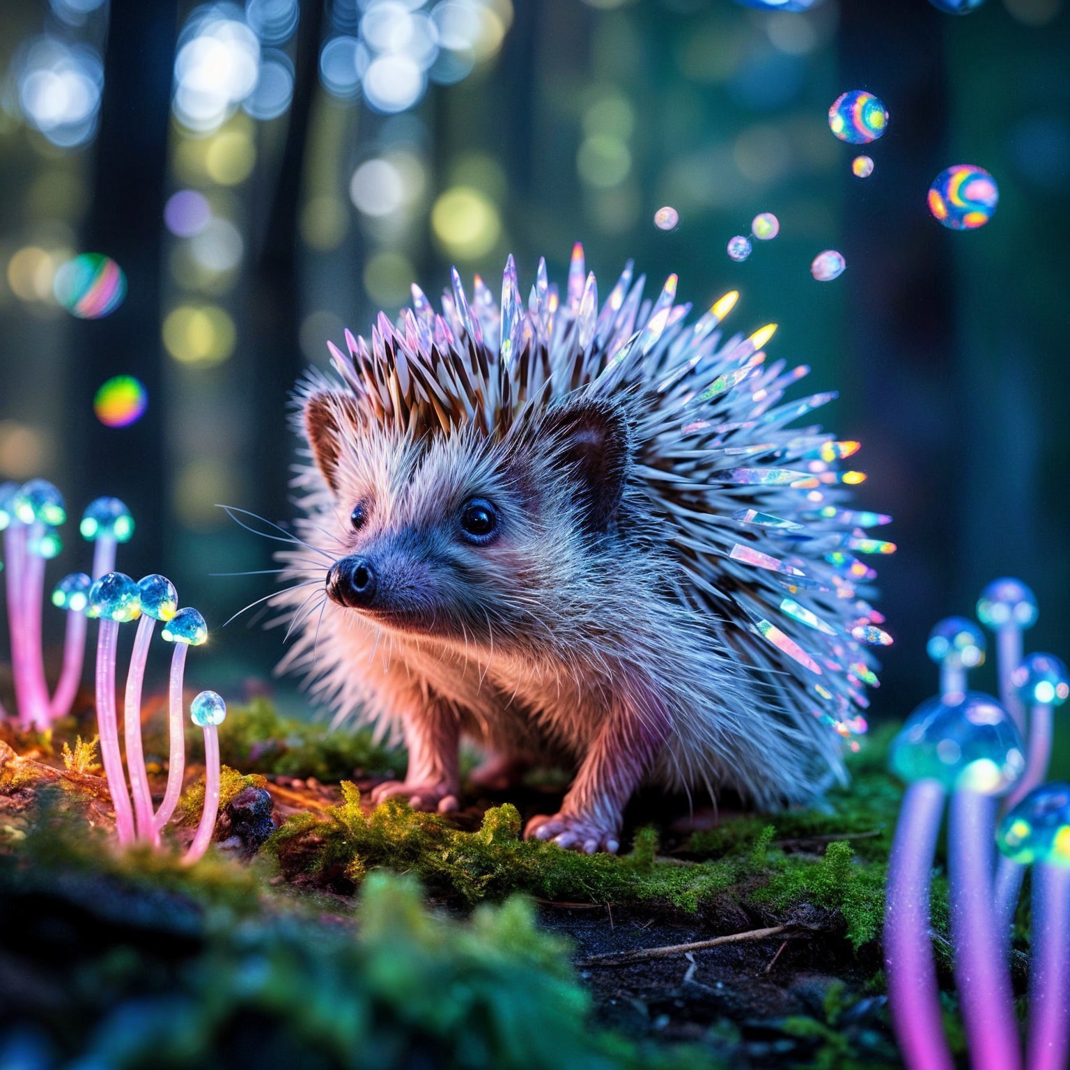 Hedgehog in a Mystical Forest with Glowing Mushrooms