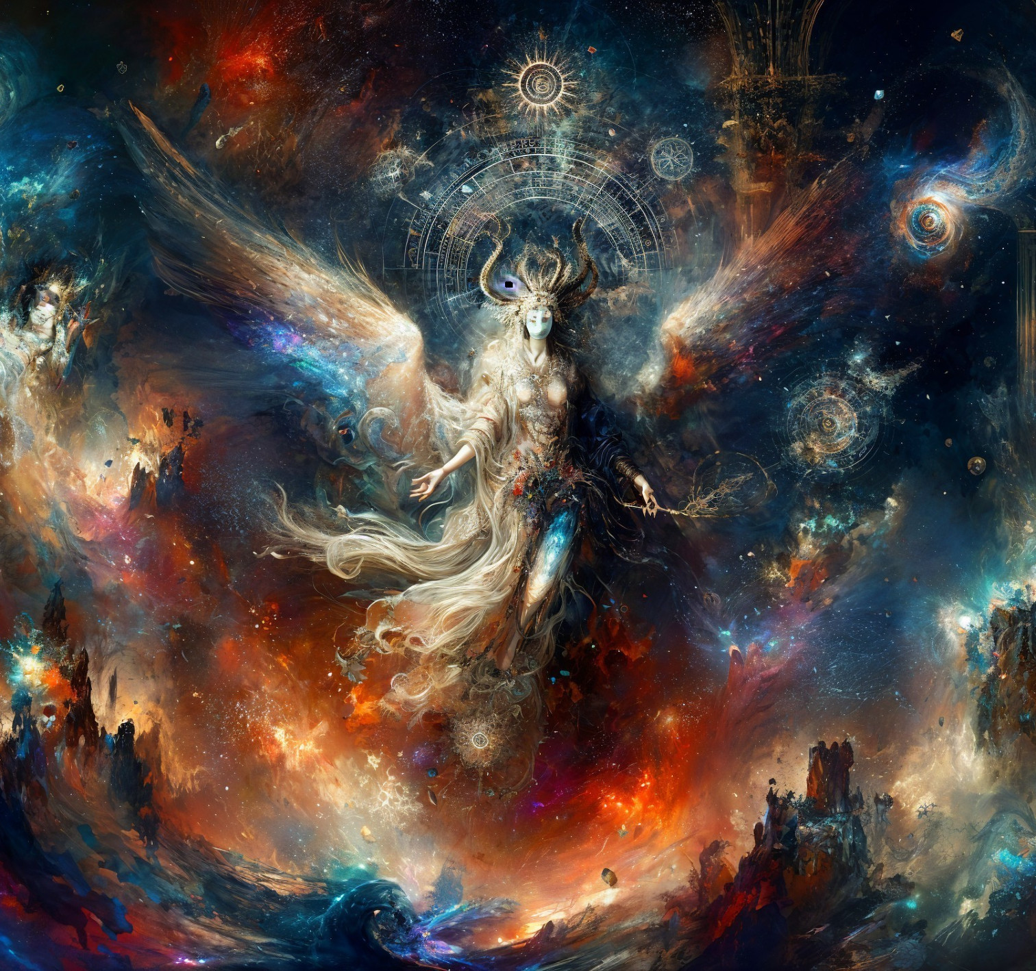Celestial Figure in Vibrant Cosmic Landscape