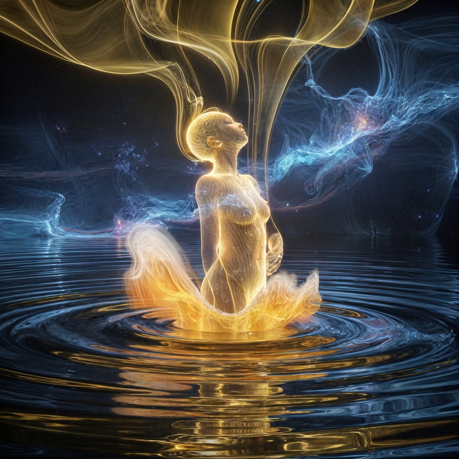 Luminous Figure in Shimmering Waters with Ethereal Light