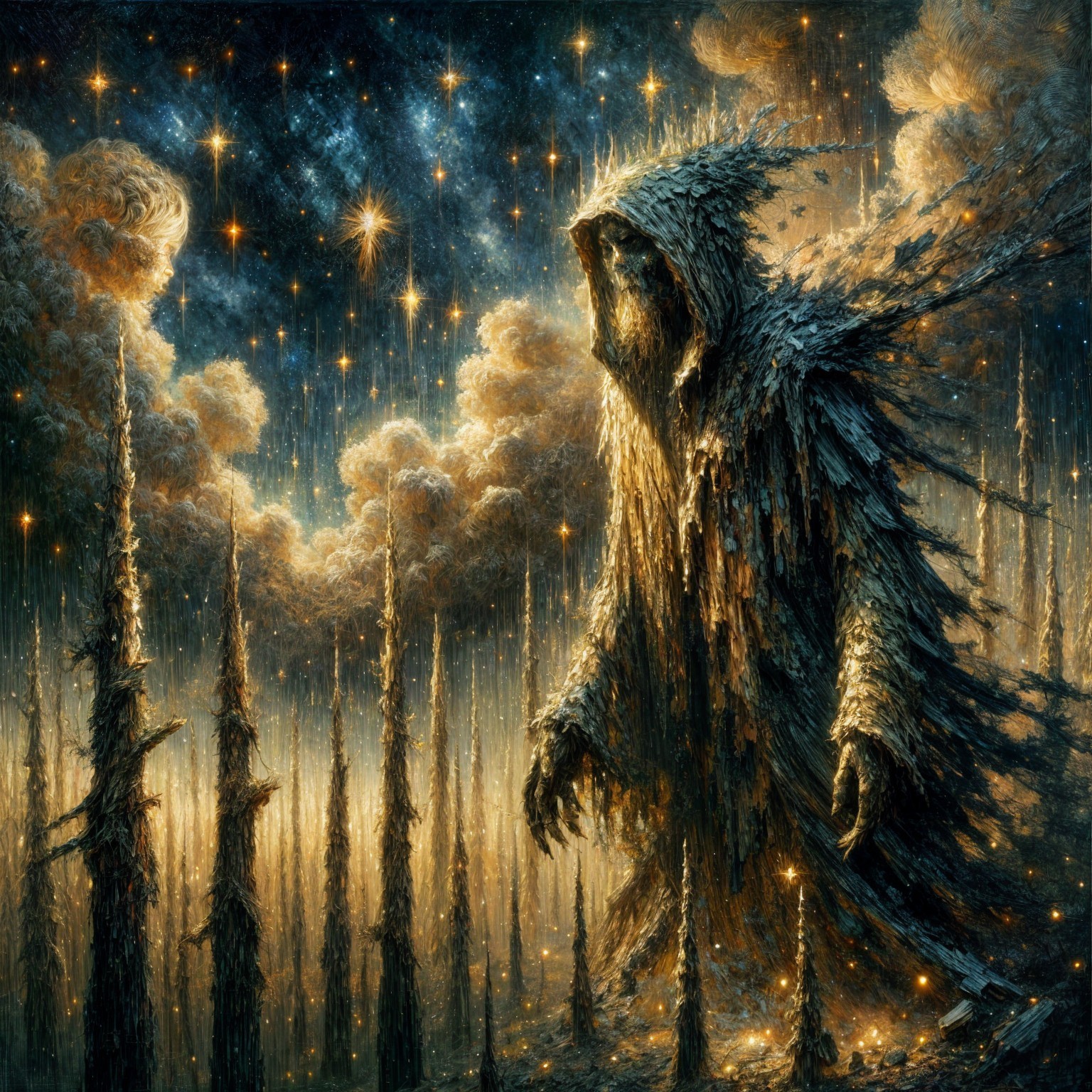 Ethereal Figure Among Celestial Trees and Stars