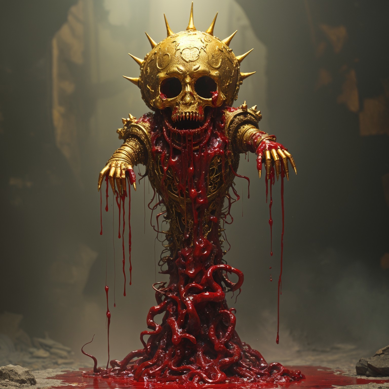 Golden Skull with Spikes in Dark Blood Pool