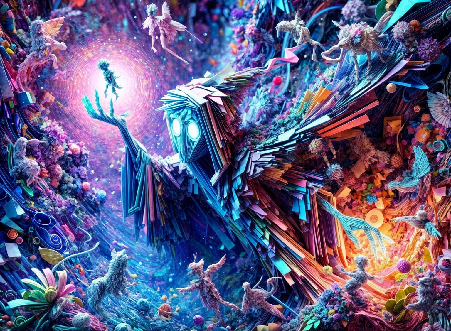 Surreal Scene of Ethereal Figure and Fantastical Creatures