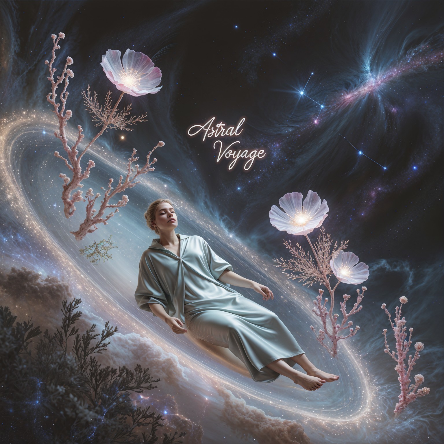 Woman in flowing robe floats in a luminous galaxy